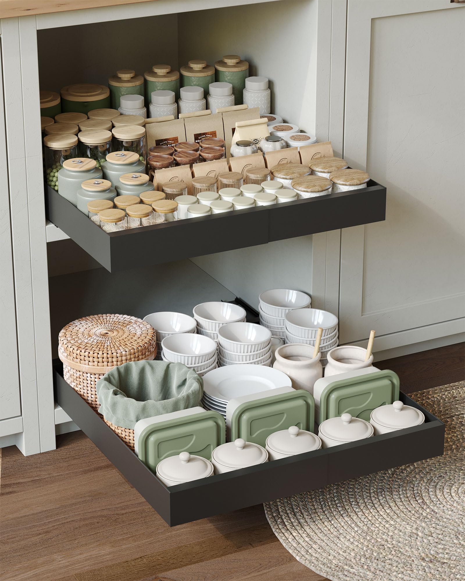 NETEL Lot de 2 tiroir coulissant cuisine extensible，plateau coulissant placard，tiroirs télescopiques，32-52cm Largeur, 50cm Profondeur,Fixation Autocollante ou par Vis,Noir