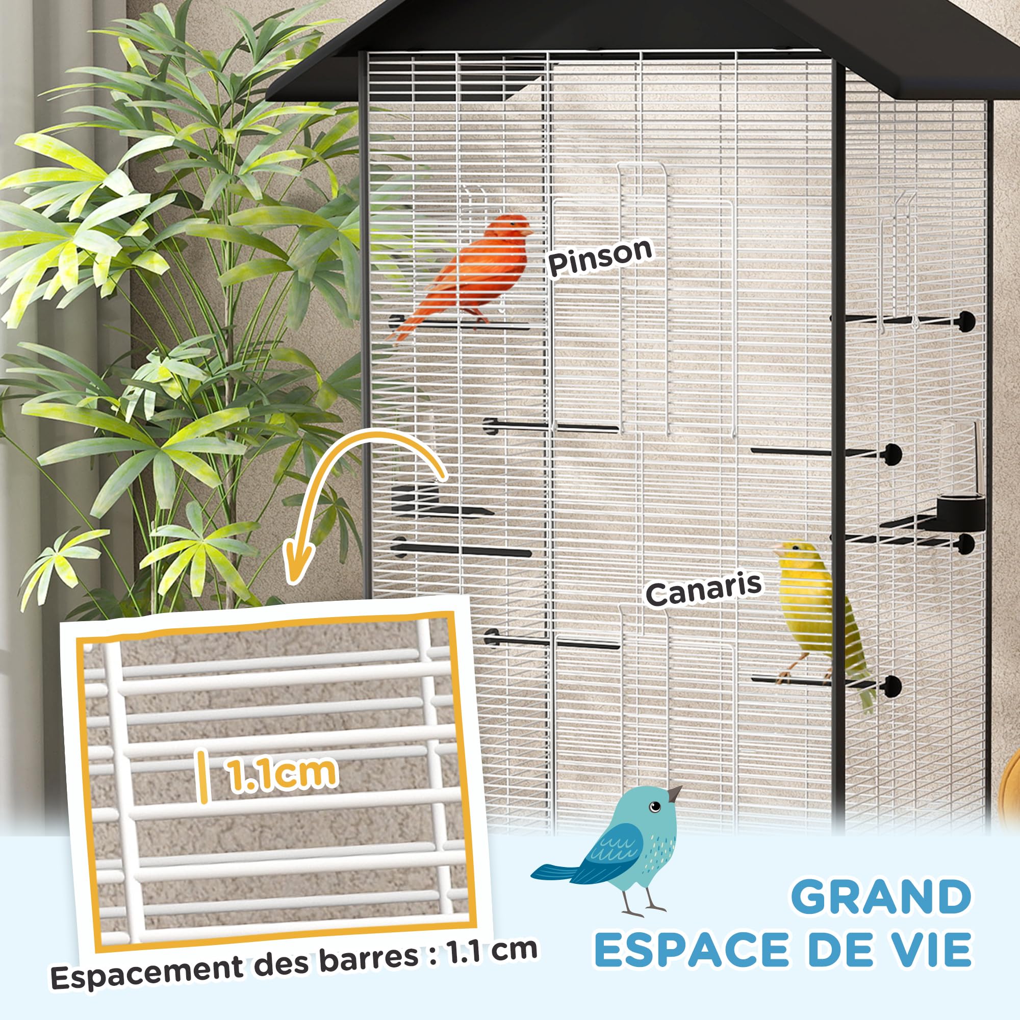 PawHut Cage Oiseau sur Pied Volière Intérieure Roulettes Plateau Coulissant 2 Mangeoires 8 Perchoirs 79 x 65 x 155 cm Fil d'acier Noir