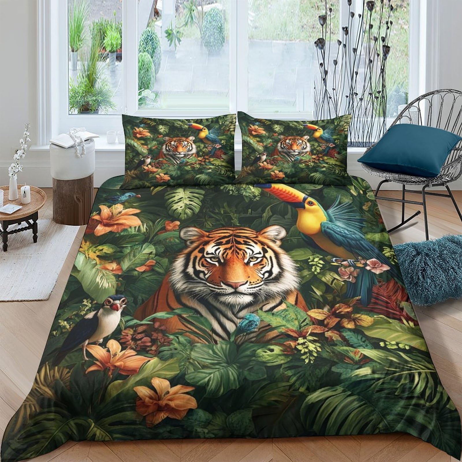 Ctjqhvkz Style-7 3D Printed Jungle Tiger Fitted Sheet Microfiber Soft Breathable Rainforest Parrot Mattress Cover Bedroom Dorm Decor Single（135X200cm）