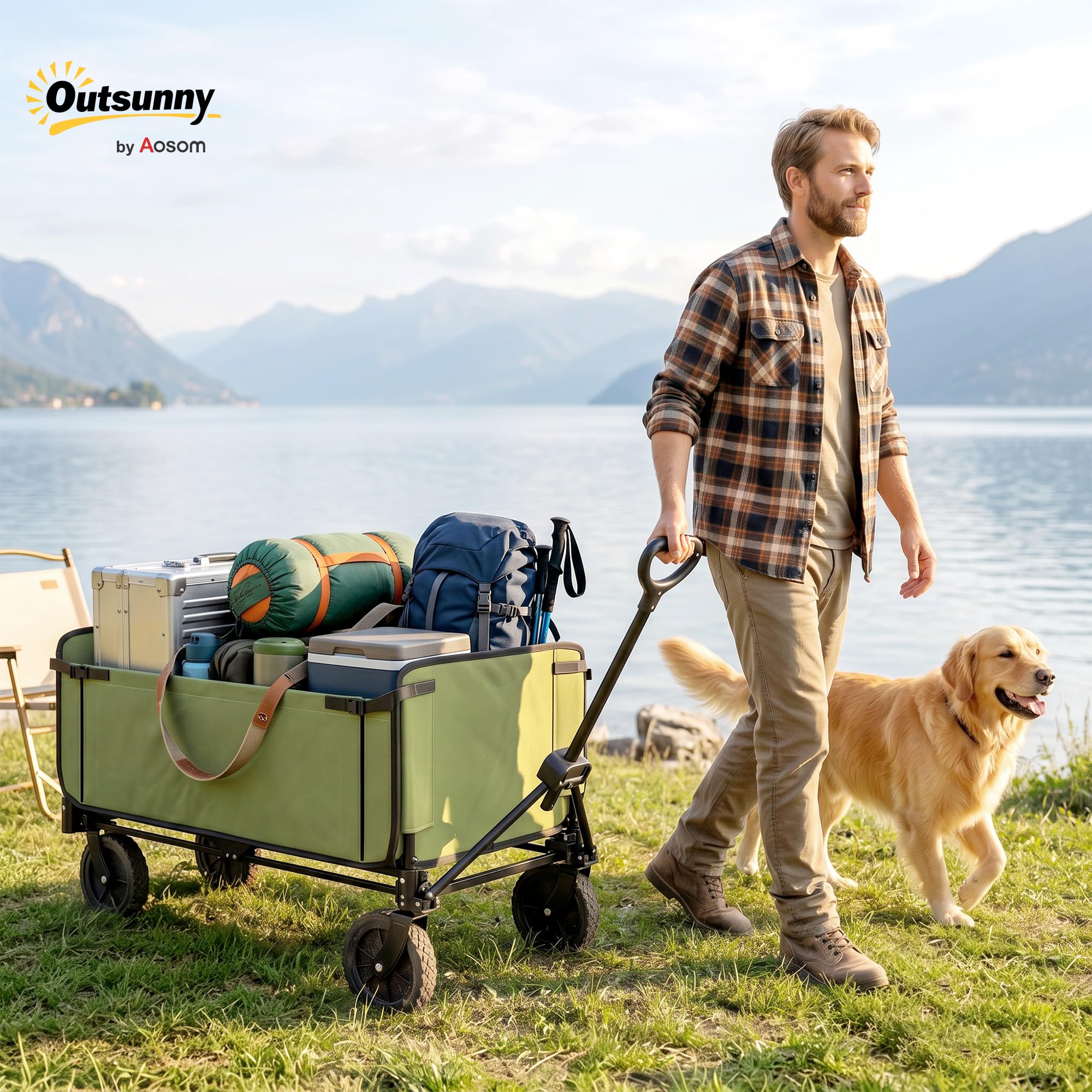 Outsunny Chariot de Transport Pliable 190L 120kg, Chariot de Jardin 4 Roues Dont 2 Roues Universelles, Poignée Télescopique Rotative et Ajustable 90°-180°, pour Plage, Camping, Jardin, Cour, Noir
