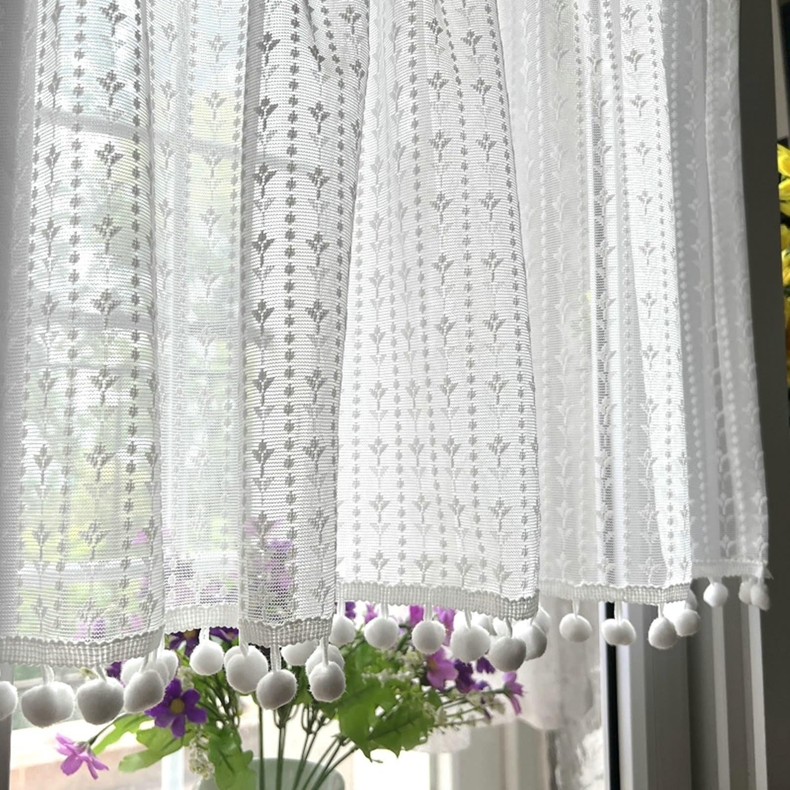 Zasłony o długości 61 cm, białe, haftowane frędzle, zasłony do kawiarni