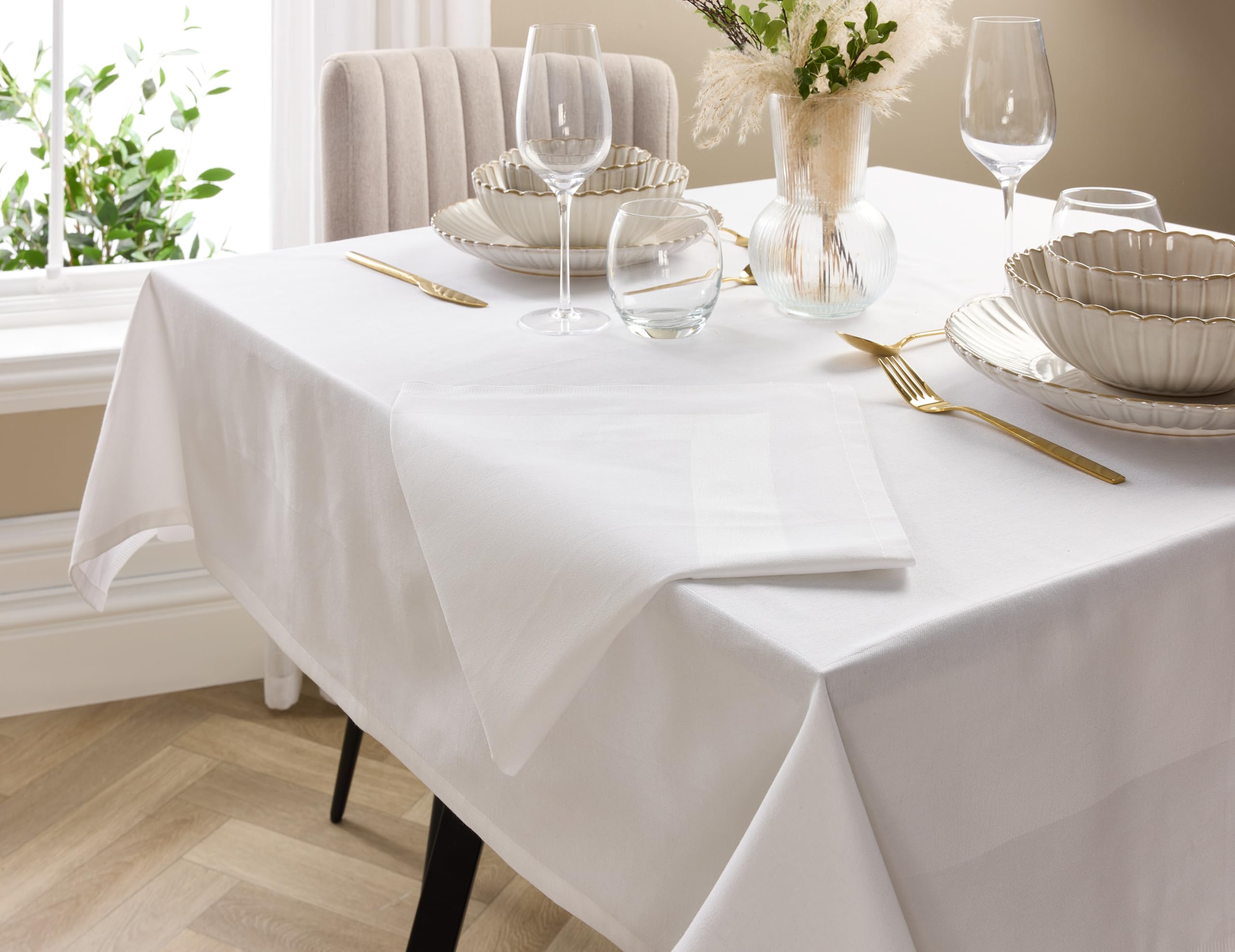 Hotel Pure Luxury White 100% Mercerised Cotton Satin Band Square Tablecloth, 178cm x 178cm (70" x 70"), Soft, Durable, Crisp, Elegant, Dining & Restaurant