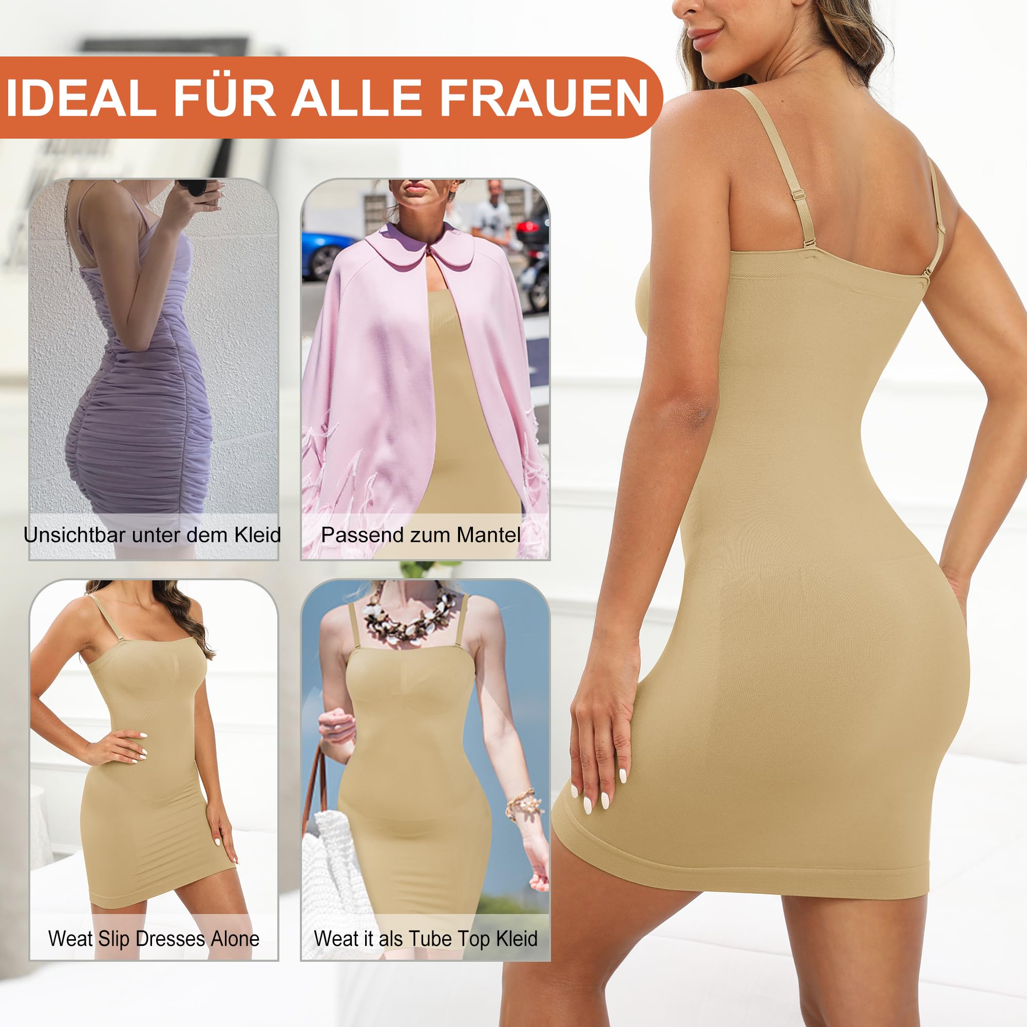 TräGerlos Bauch-Control Kleid Unterkleid Shapewear Damen Stark Formend Body Unterrock Kleider FüR Damen Abnehmbare Schulterriemen Camisole Shaping Full Slips Dress