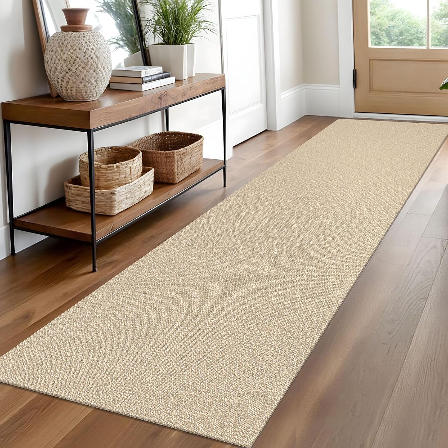 EARTHALL Washable Runner Rug 2x10 Ft Non Slip Runners for Hallways Long Cotton Rubber Backed Kitchen Runner Braided Indoor Floor Carpet Runners for Entryway, Hallway, Kitchen, Golden Beige/White 2' x 10' (Runner) Golden Beige/White