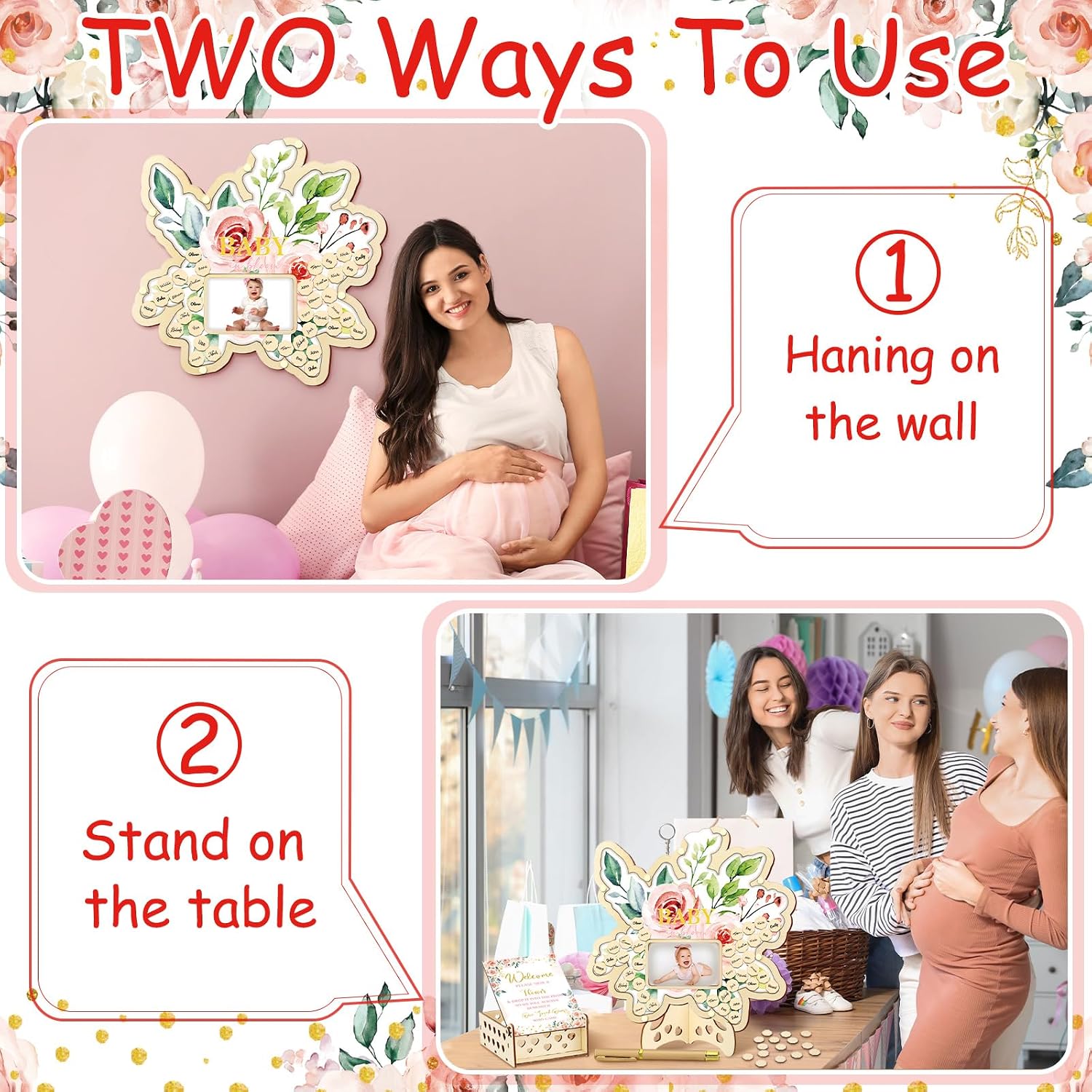 Wenqik 63 Pcs Pink Floral Baby Shower Guest Book Alternatives Set Baby Shower Decorations with Photo Frame Sonogram Frame Keepsake 60 Wood Slices Guest Book for Birthday