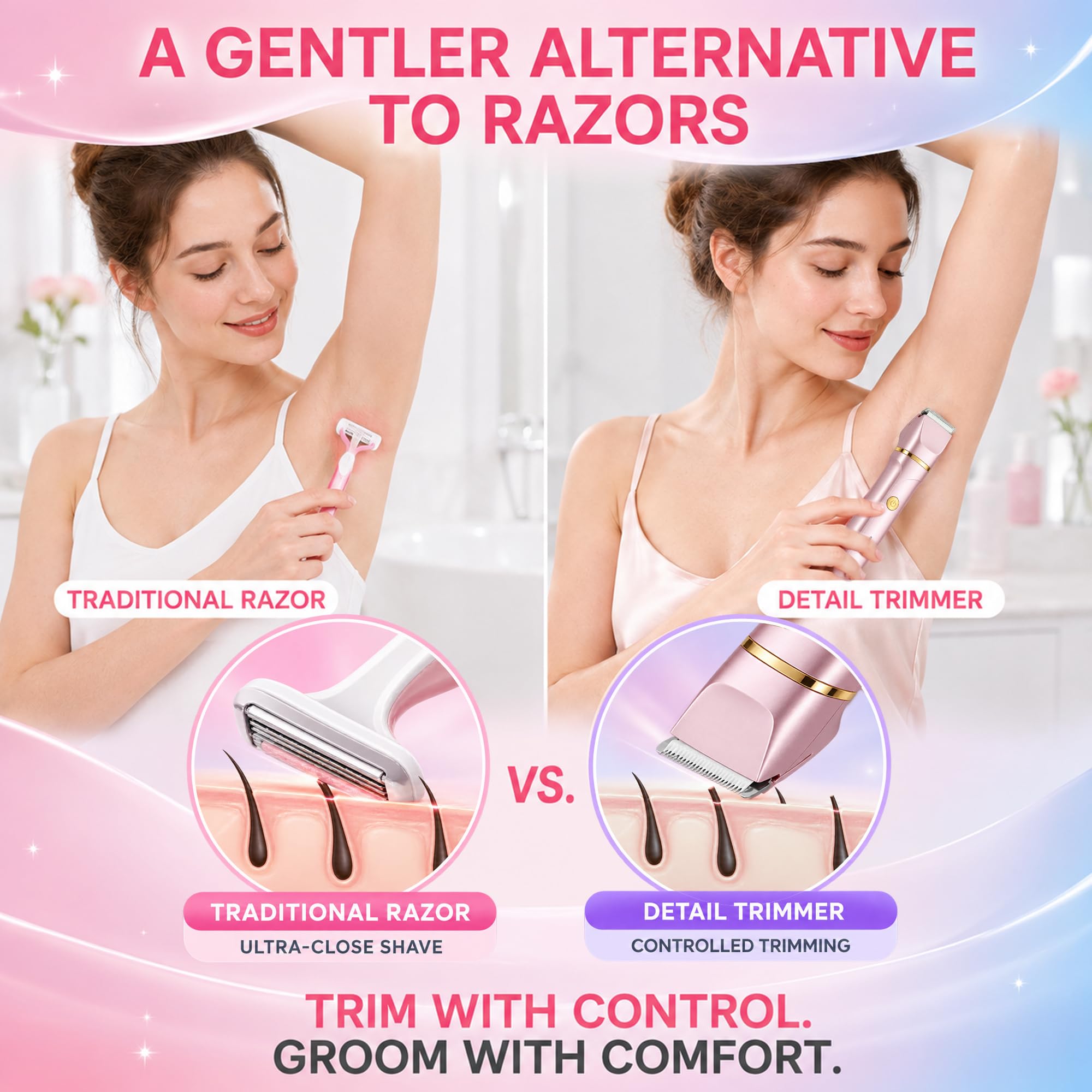 Recortadora de bikini para mujer, maquinilla de afeitar eléctrica 3 en 1 con cabezales especializados para cara, cuerpo y línea de bikini, afeitadora de bikini recargable impermeable con afeitadora de