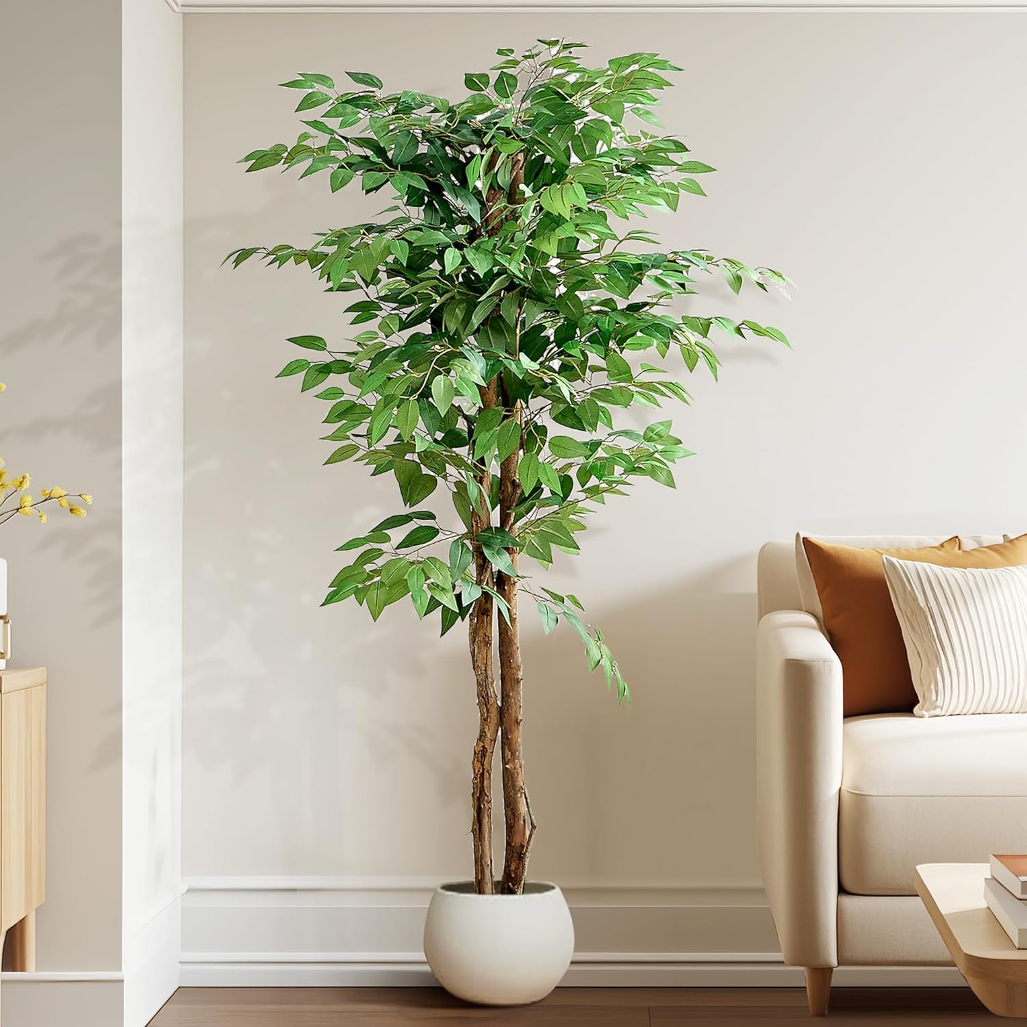 VECELO 6FT Artificial Ficus Tree in Pot - Realistic Faux Silk Leaves & Trunk, Tall Floor Plant for Home Office Indoor Outdoor Decor
