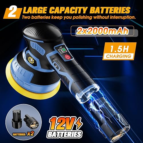 Miniatura 3 de Kit de pulidor y pulidor de coche inalámbrico de 5 pulgadas 2 baterías de 2000 mAh 12 V y 18 accesorios Diseño orbital de 6 velocidades, pantalla