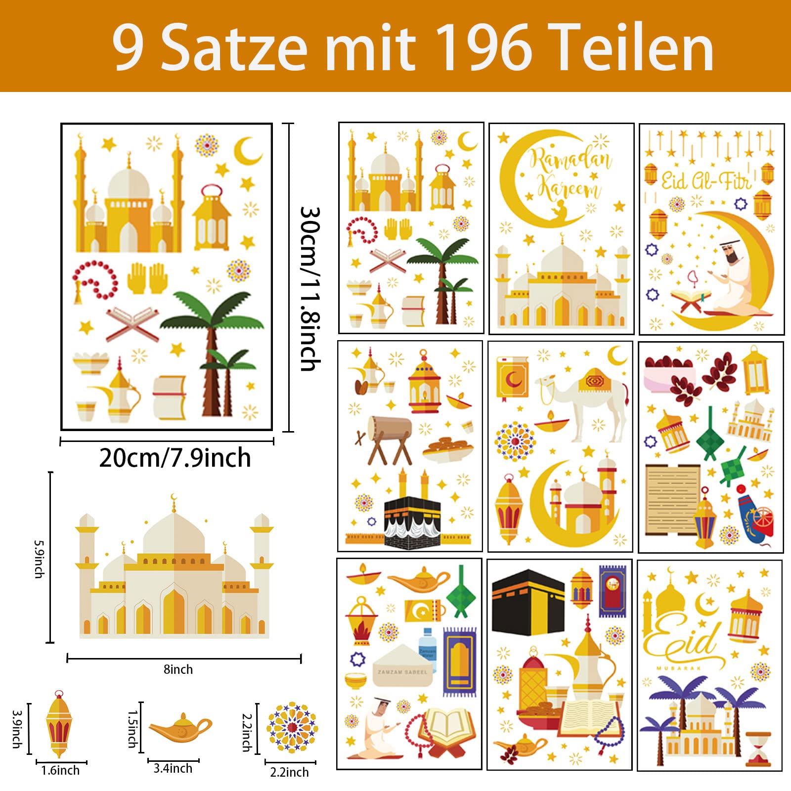 Ramadan-raamstickers, 196 stuks, ster, halve maan