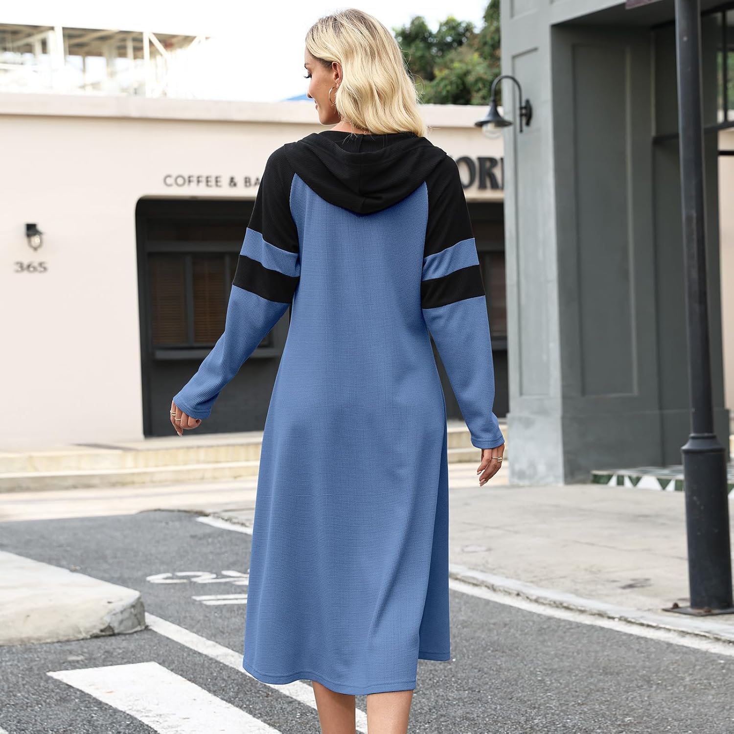 Hoodie Dress for Women Fall Winter Button Waffle Knit Long Sleeve Sweatshirts Dresses Color Block A Line Midi Dress - Image 2