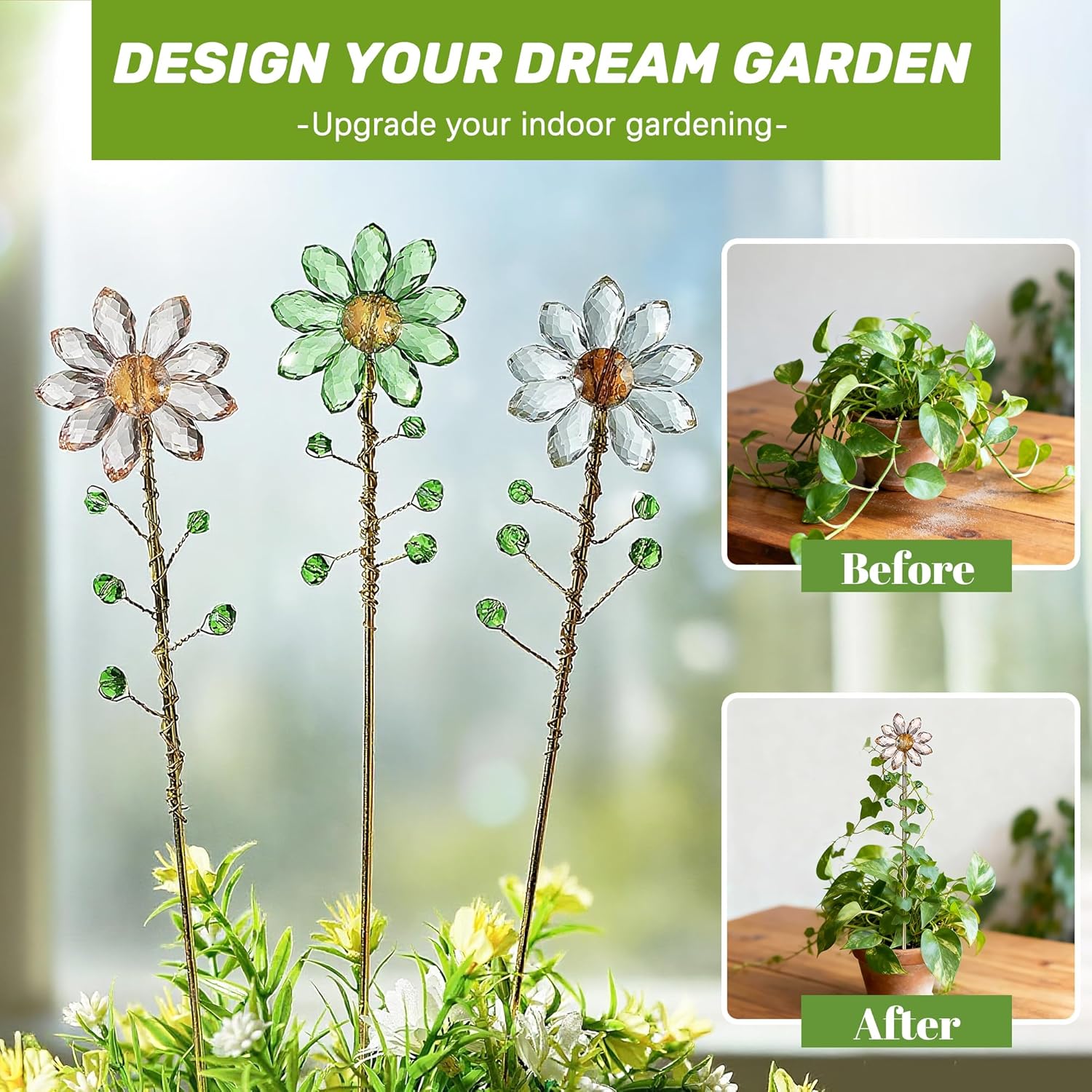 H&D HYALINE & DORA 3 Pcs Crystal Sunflower Suncatchers with 13'' Gold Trellis Metal Plant Stake and H&D HYALINE & DORA 7 Pack AB Colored Crystal Suncatcher Small Trellis Golden Plant Stake