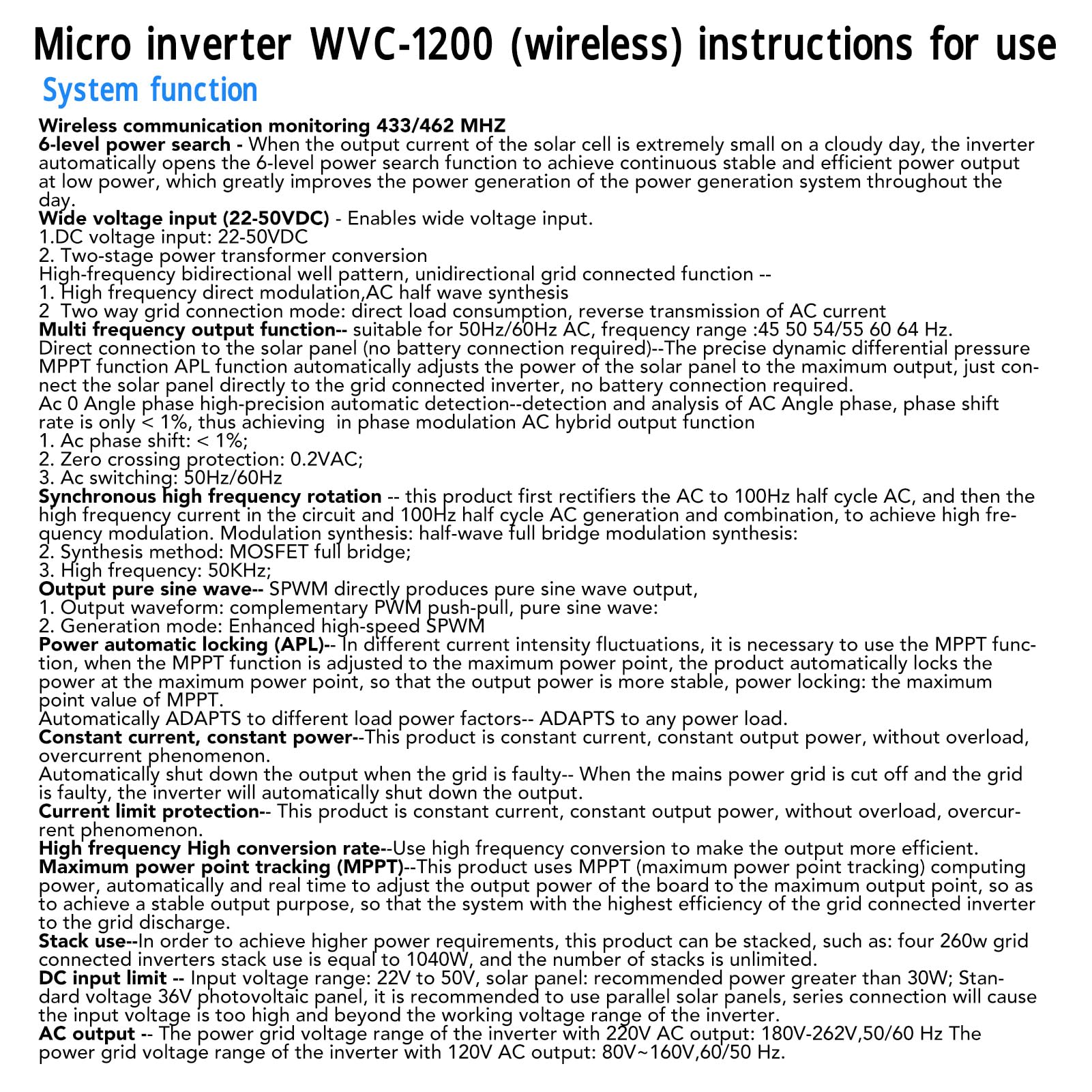 Acouto Inwerter Sieciowy Solarny Samochłodzący się IP65 WVC 1200 W 100 V-240 V Inwerter Solarny do Domowego Systemu Wytwarzania Energii Generowany Prąd Pa Sieciowy Wodoodporny Krawat