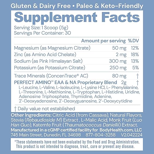 Vista 2 de BodyHealth PerfectAmino - Electrolitos en polvo sin azúcar, mezcla de electrolitos para ayunas Keto sin azúcar, polvo de hidratación