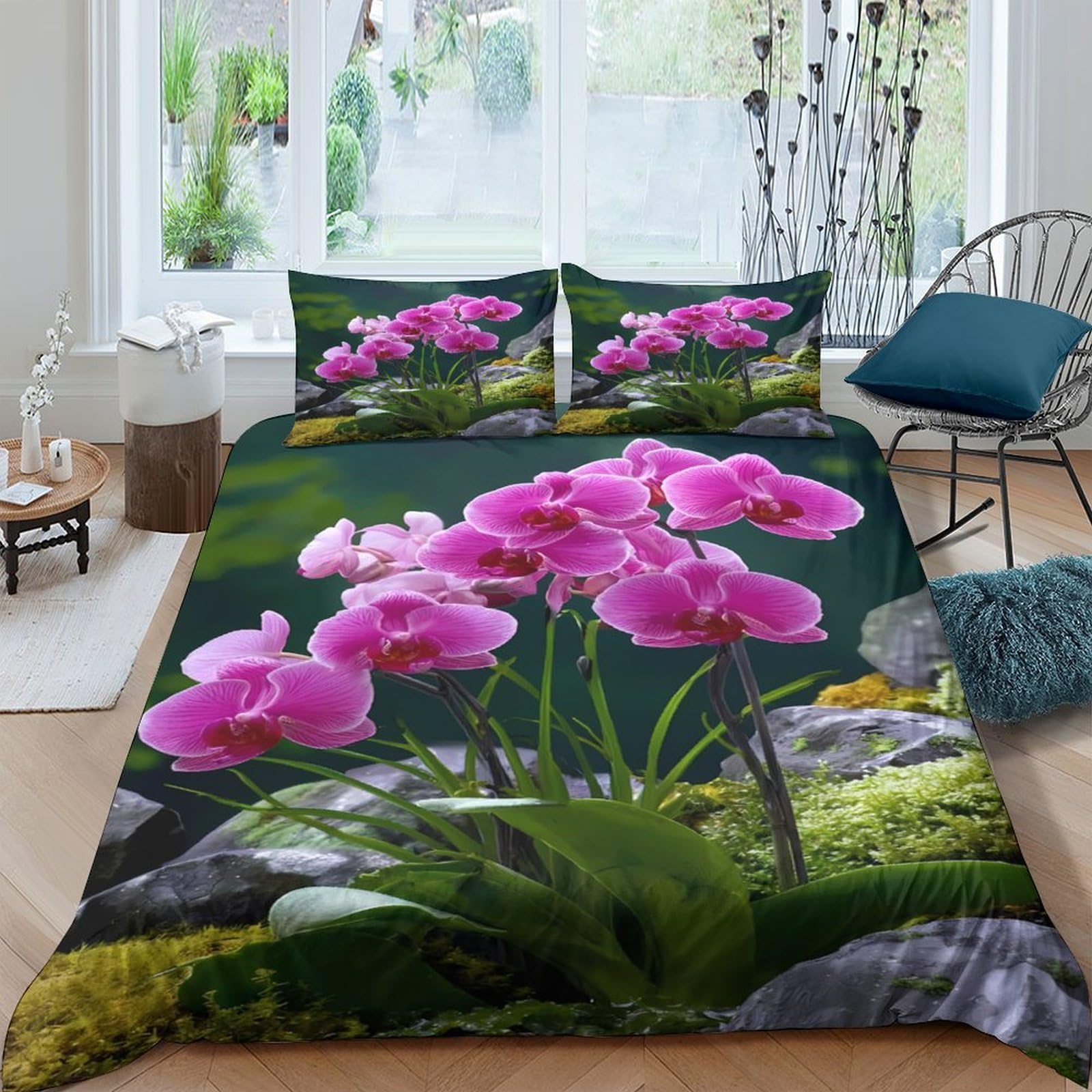 GPLZQXKJNH 3D Printed Orchid Flower Duvet Cover Set Microfiber Soft Pink Botanical Quilt Cover with 2 Pillowcases for Bedroom Decor Single（135x200cm）
