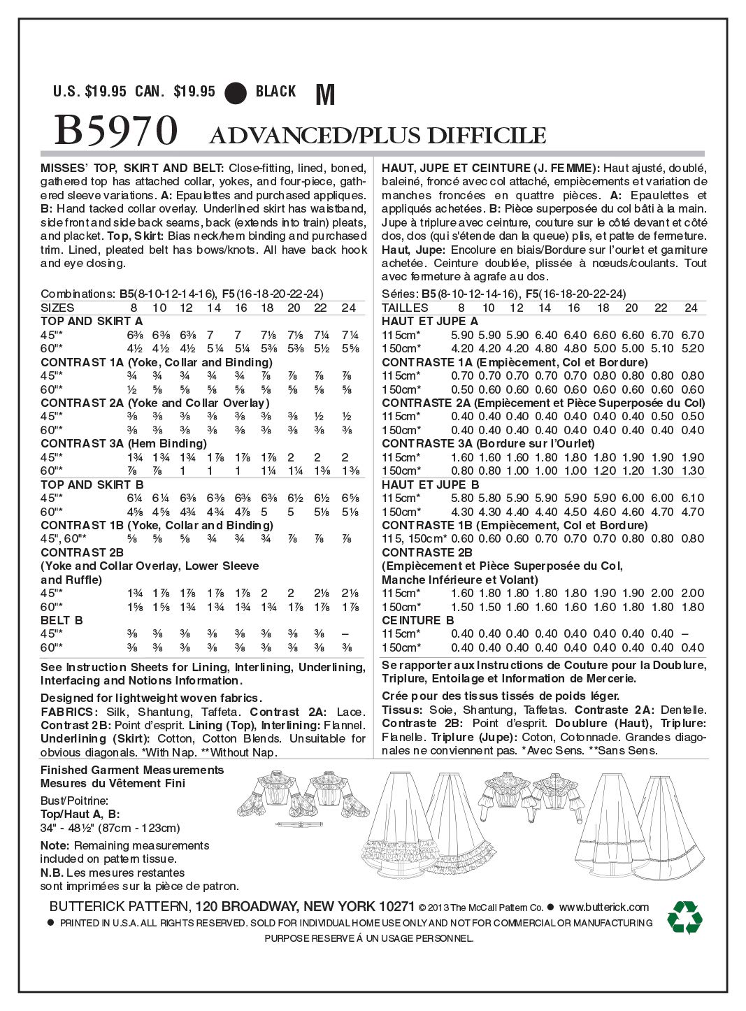Image secondaire de Butterick Patterns B5970 Patrons Haut et Jupe pour Femme Blanc Tailles 44/46/48/50/52