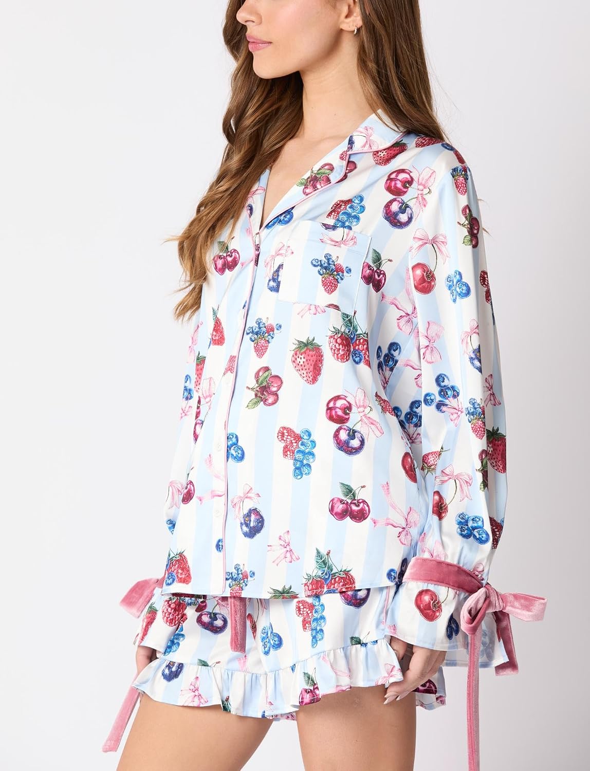 SOOKABEILA Women Christmas 2 Piece Pajamas Set Y2k Bow Tie Long Sleeve Shirt Wide Leg Pants Cute Print Matching Pjs Sets