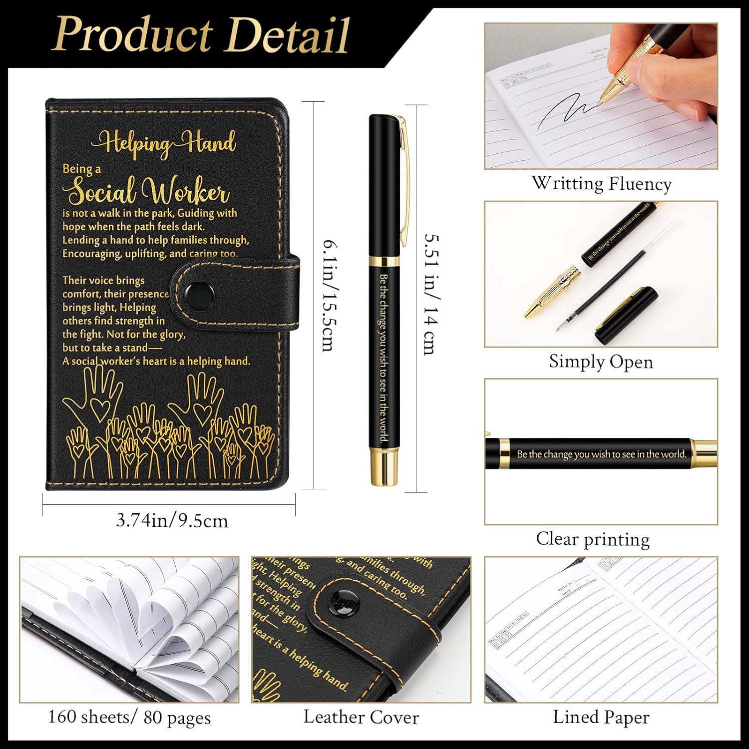 TaoBary 10 Sets Social Worker Appreciation Gift Social Worker Month Must Have Leather Notebook Ballpoint Pen with Inspirational Quotes Thank You Gifts for Women Coworker Teachers Office Bsw Msw (Black)