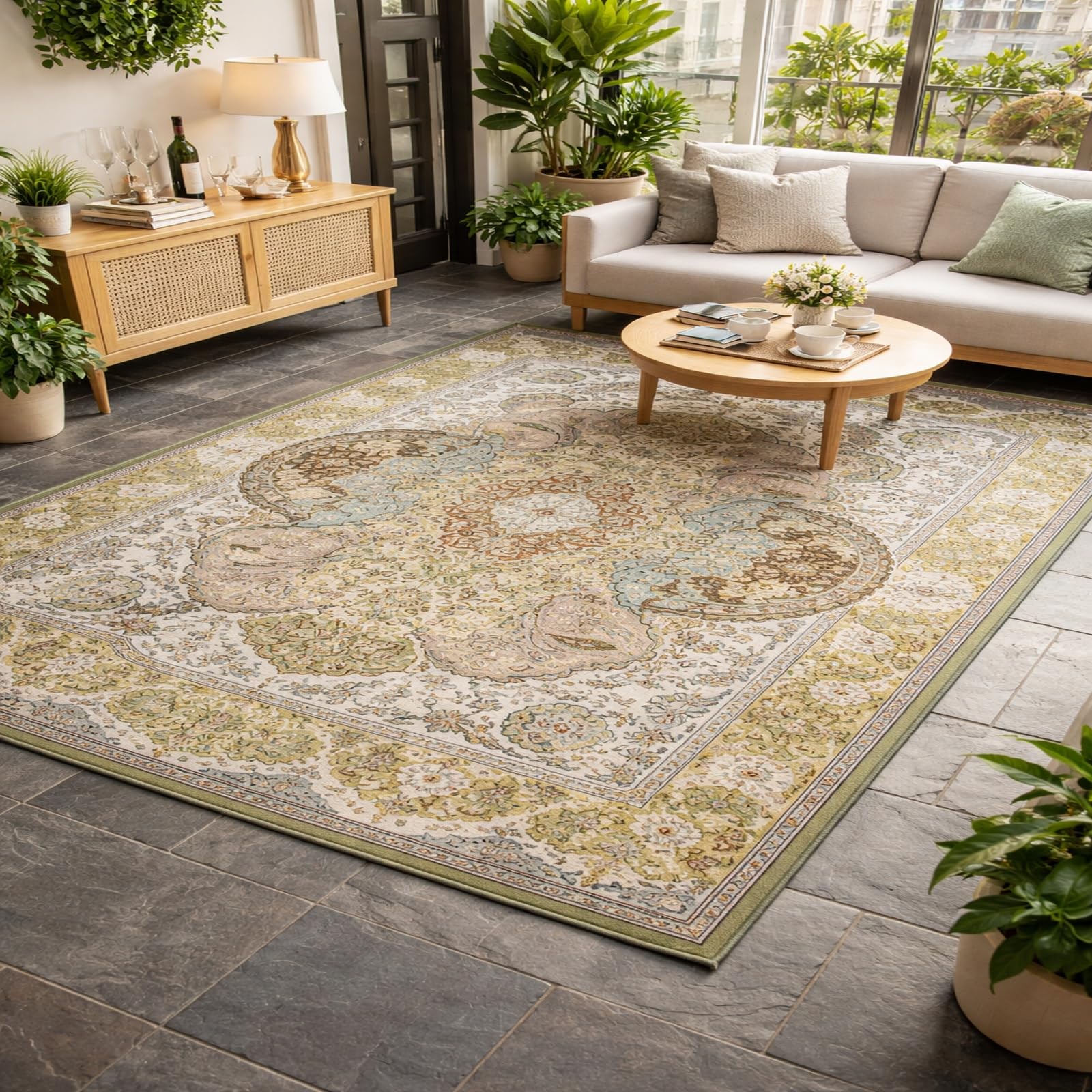 Alfombra verde tradicional Rururug de diseño floral elegante para sala de estar