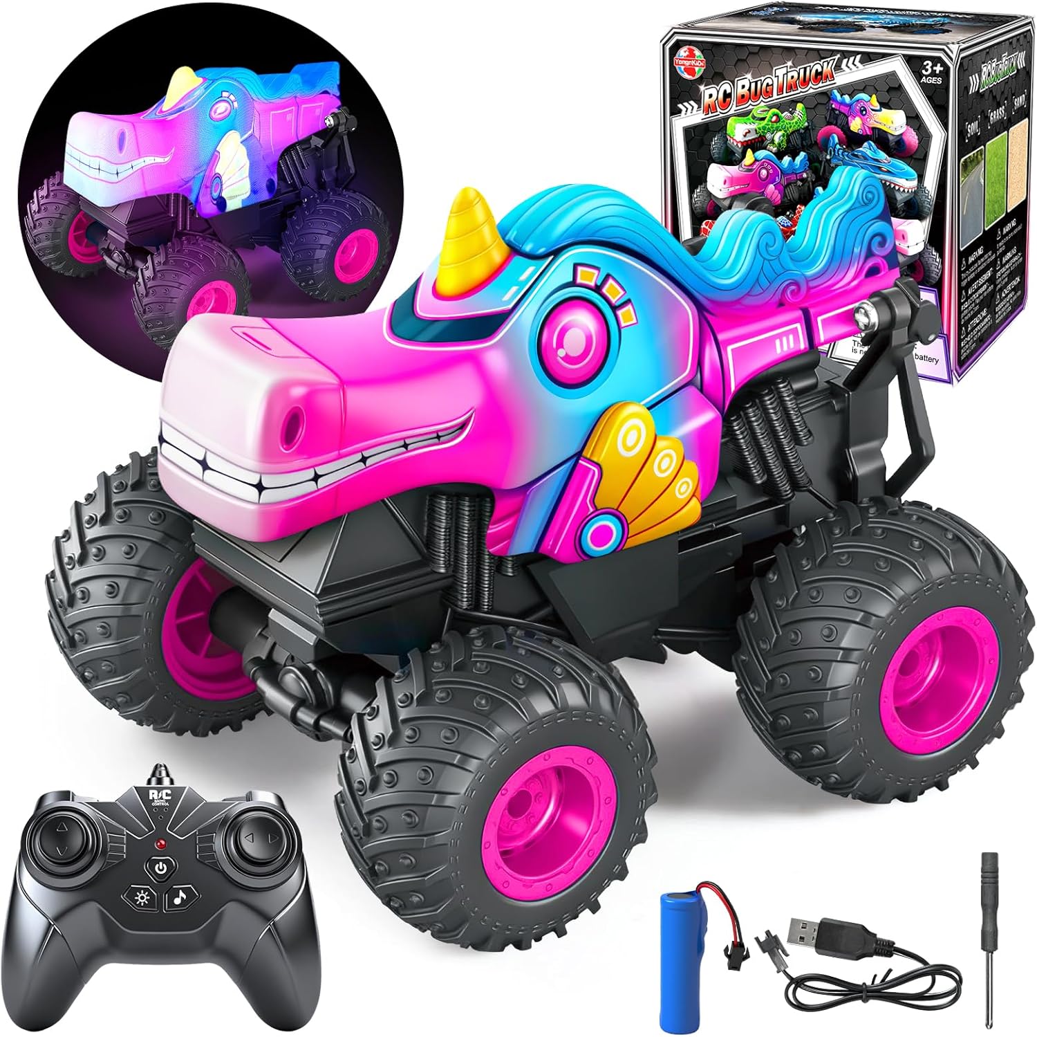 YongnKids Remote Control Car for Girls, 2.4Ghz Unicorn Monster Trucks with Light & Music,Unicorn Toys for Girls Age 3 4 5 6 7 8 Years, 360° Rotating All Terrain RC Stunt Car Rechargeable Xmas Gift