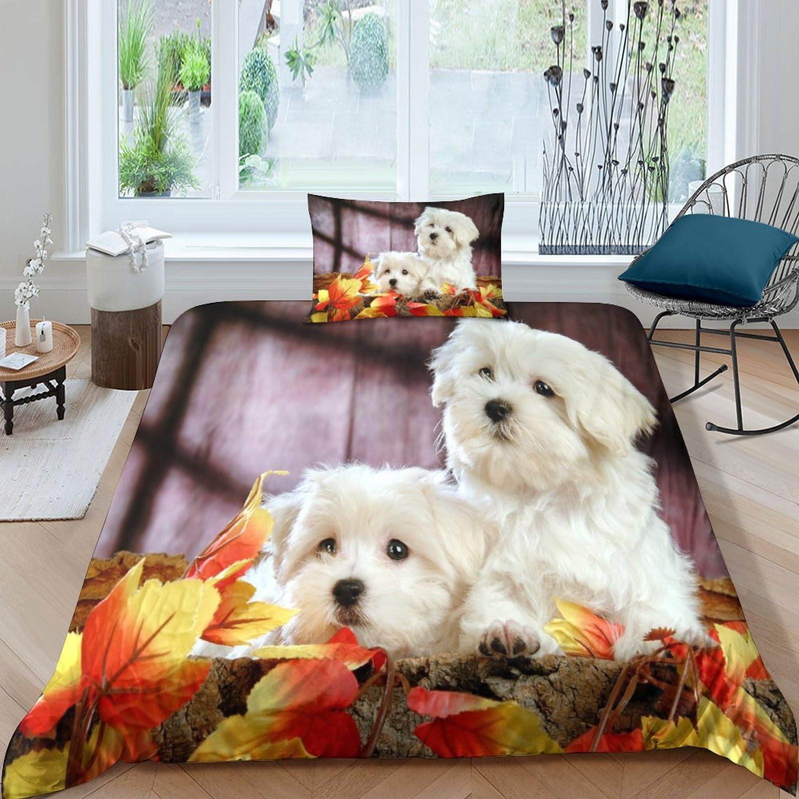 Parure 3 pièces motif chien IOFEER en microfibre respirante pour lit single confortable