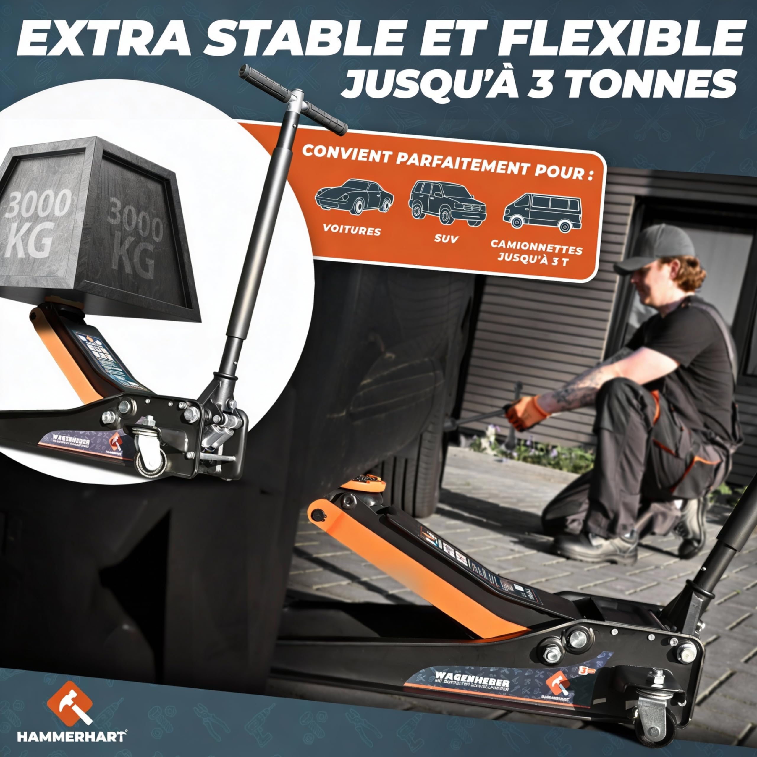 Cric hydraulique 3T | Cric certifié TÜV & GS | Cric Voiture Compact avec Une Hauteur de Levage de 75 à 500 mm [Vainqueur du Test] Cric avec revêtement en Caoutchouc, à Double Piston et T poignée