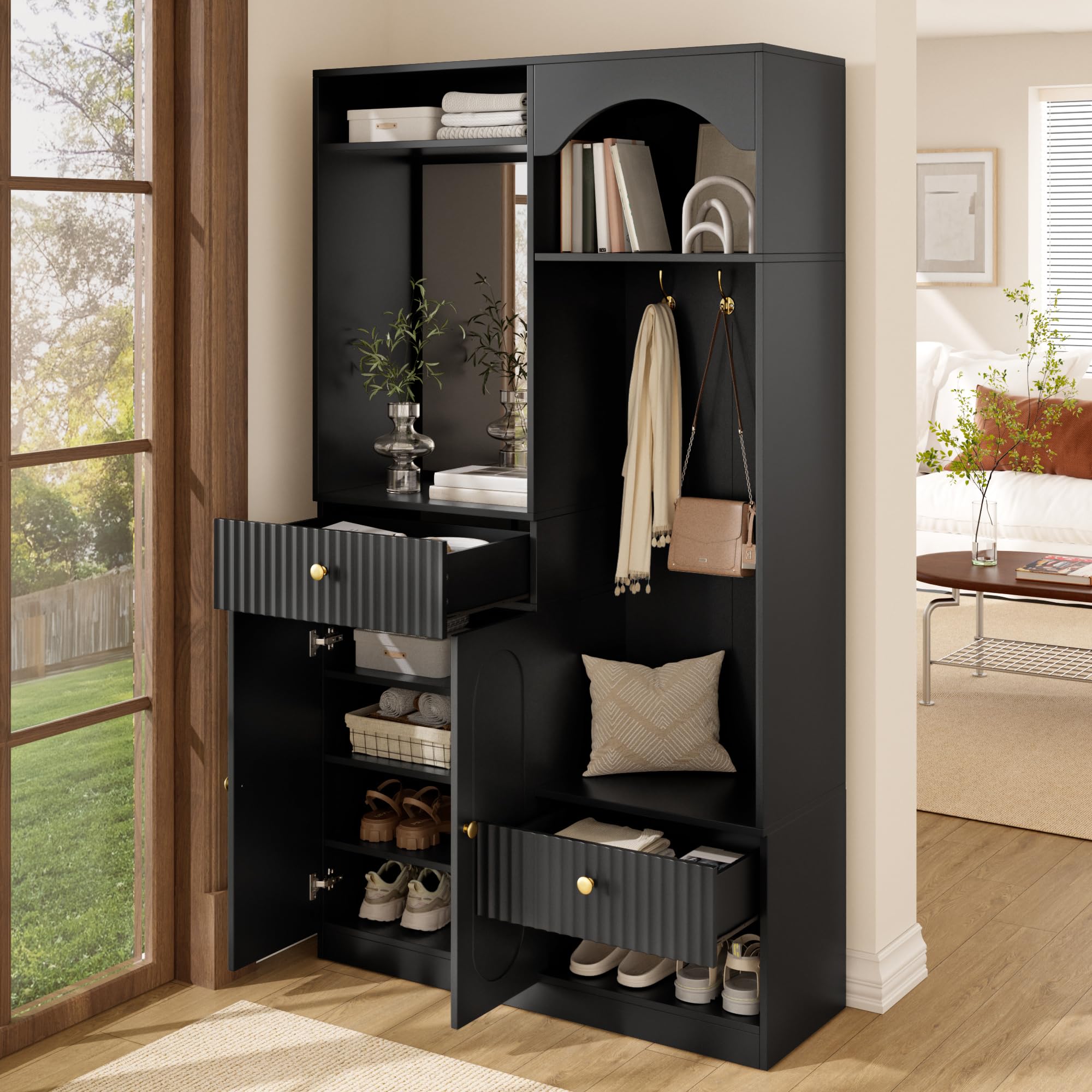 Garderobe Set Garderobenschrank Höhe 180 cm mit LED Licht und Spiegel, Garderobenset Flurgarderoben Set mit Wandgarderobe und Sitzbank, Kompaktgarderobe Flurmöbel mit Haken und 2 Tür, Schwarz
