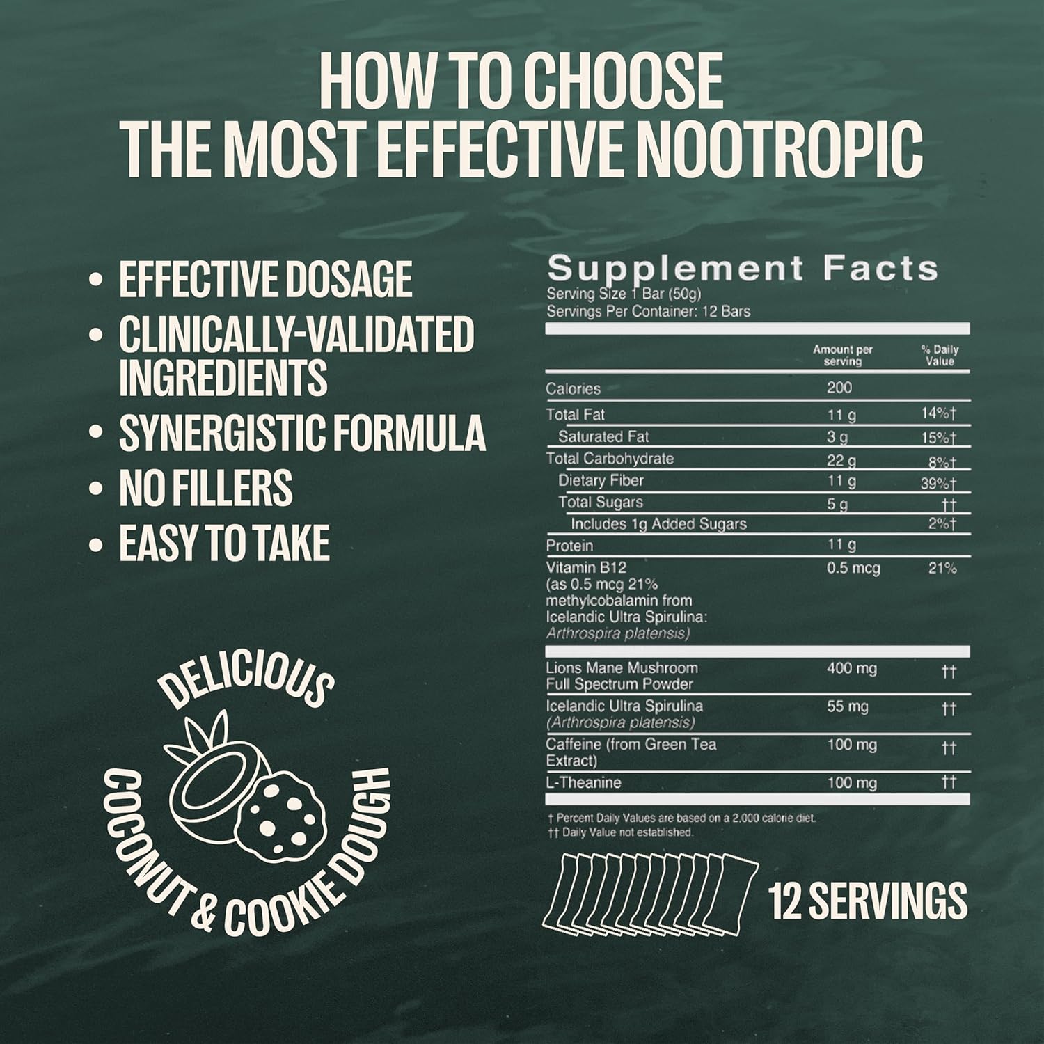 ORLO BRAIN PERFORMANCE BAR – Vegan Protein Bars for Brain & Energy Support – Focus & Memory, Pre & Post Workout Recovery – Gluten Free Snack with L-Theanine, Lions Mane, Spirulina & More (12 Bars)