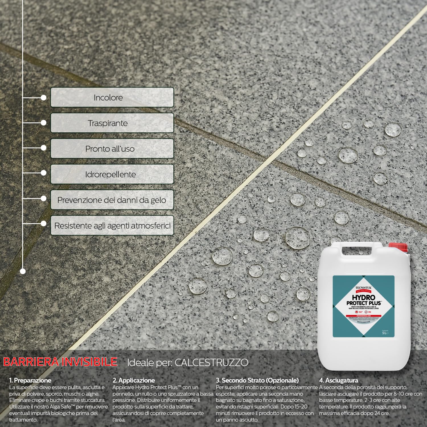 HydroProtectPlus Impermeabilizzante Terrazzi Nanotecnologico Trasparente - Idrorepellente per Pietra, Marmo, Cotto, Cemento, Mattoni - Traspirante Impermeabile per Piastrelle per Esterno (5 LITRI)