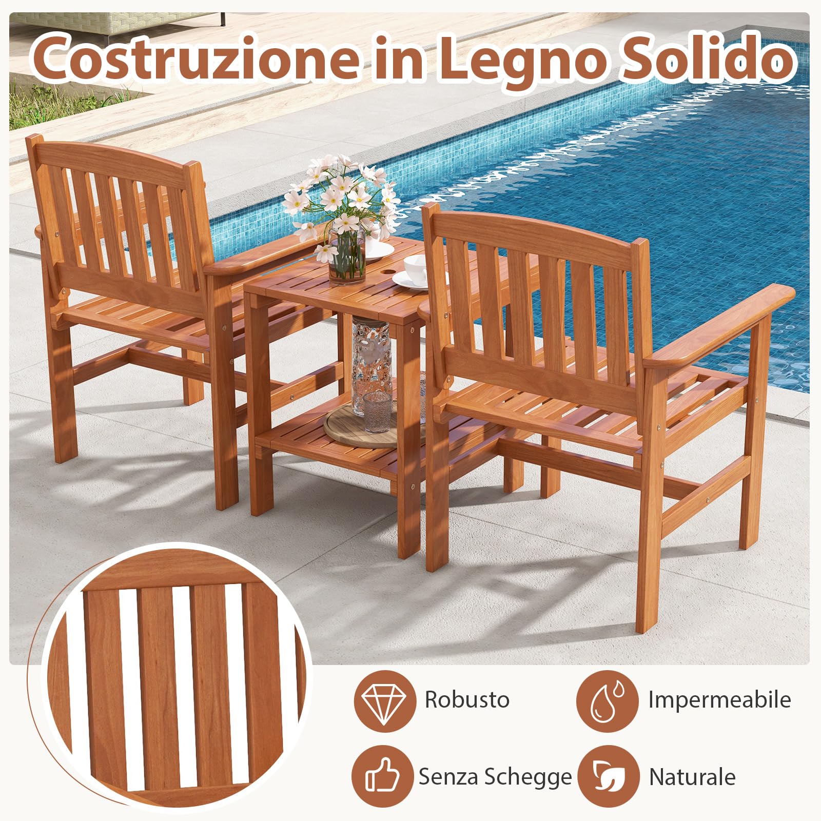 COSTWAY Set di 3 Pezzi da Giardino, Tavolino e 2 Sedie da Patio in Legno, con Foro per Ombrellone, Set di Mobili da Esterno a 3 Pezzi per Giardino, Tavolino Portato 35 kg, Sedia Portata 120 kg