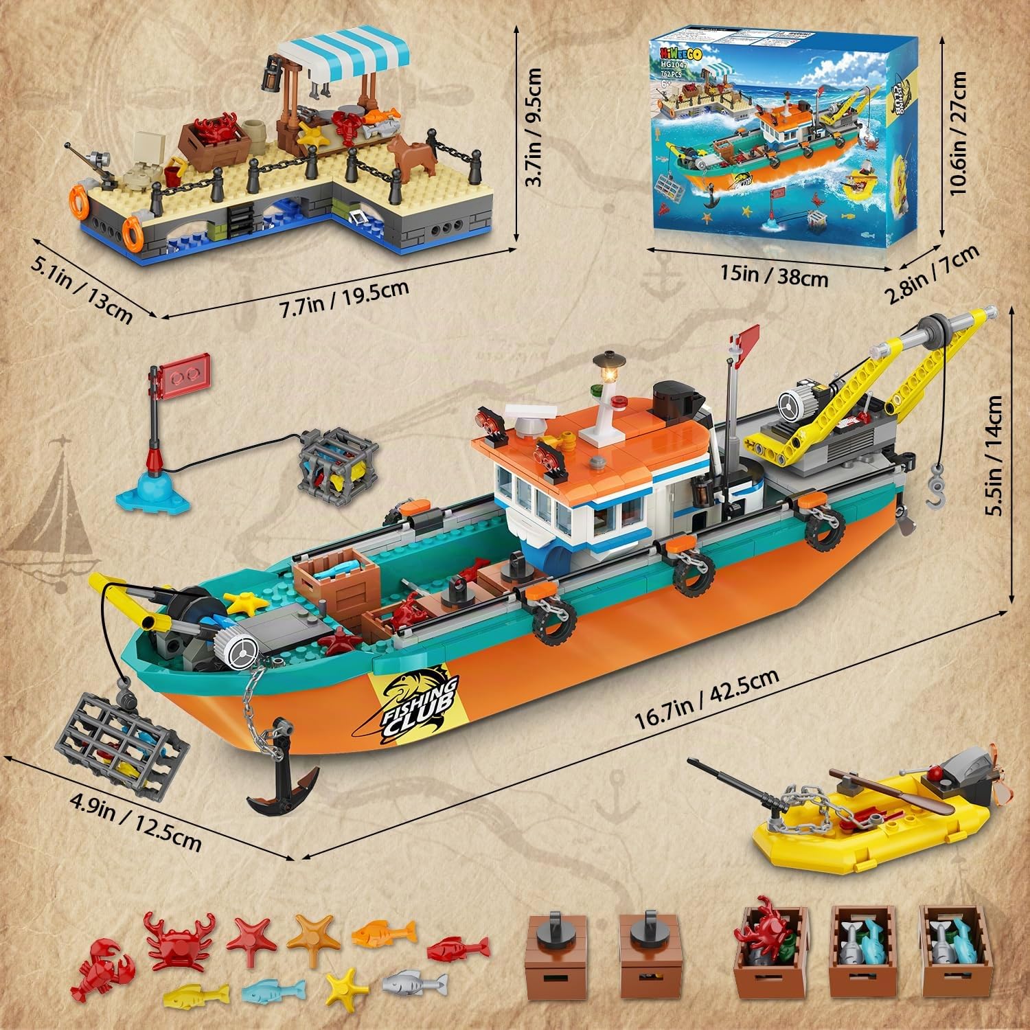 HiWEEGO Città barca da pesca cantiere navale – kit costruzione galleggiante oceano gru container, giocattolo regalo compleanno 6 7 8+