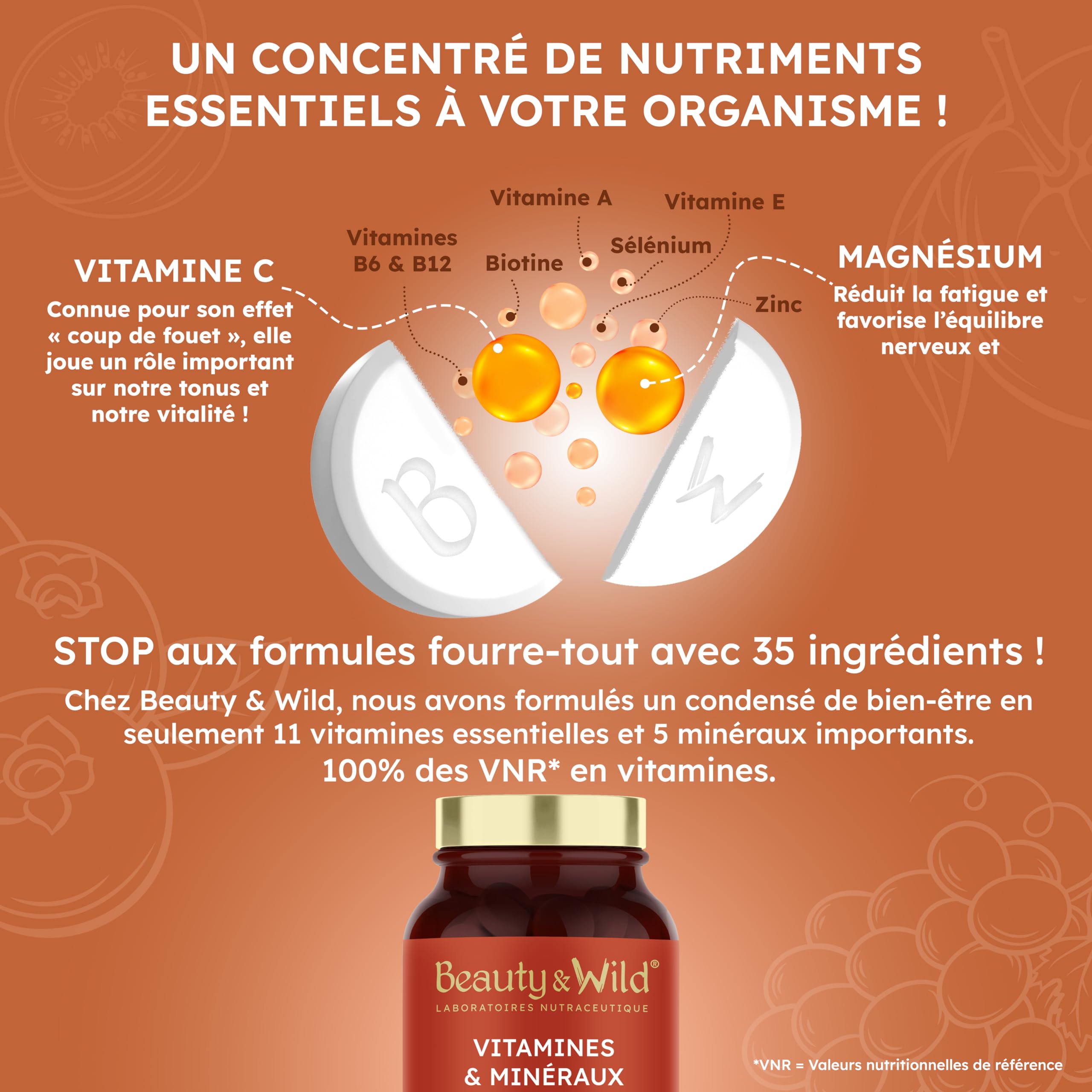 Multivitamines et Minéraux | Zinc, Magnésium, Sélénium, Vitamine C, A, E | Anti-fatigue, Énergie, Vitalité | Cheveux et ongles | Made in France | 180 comprimés | Beauty & WILD