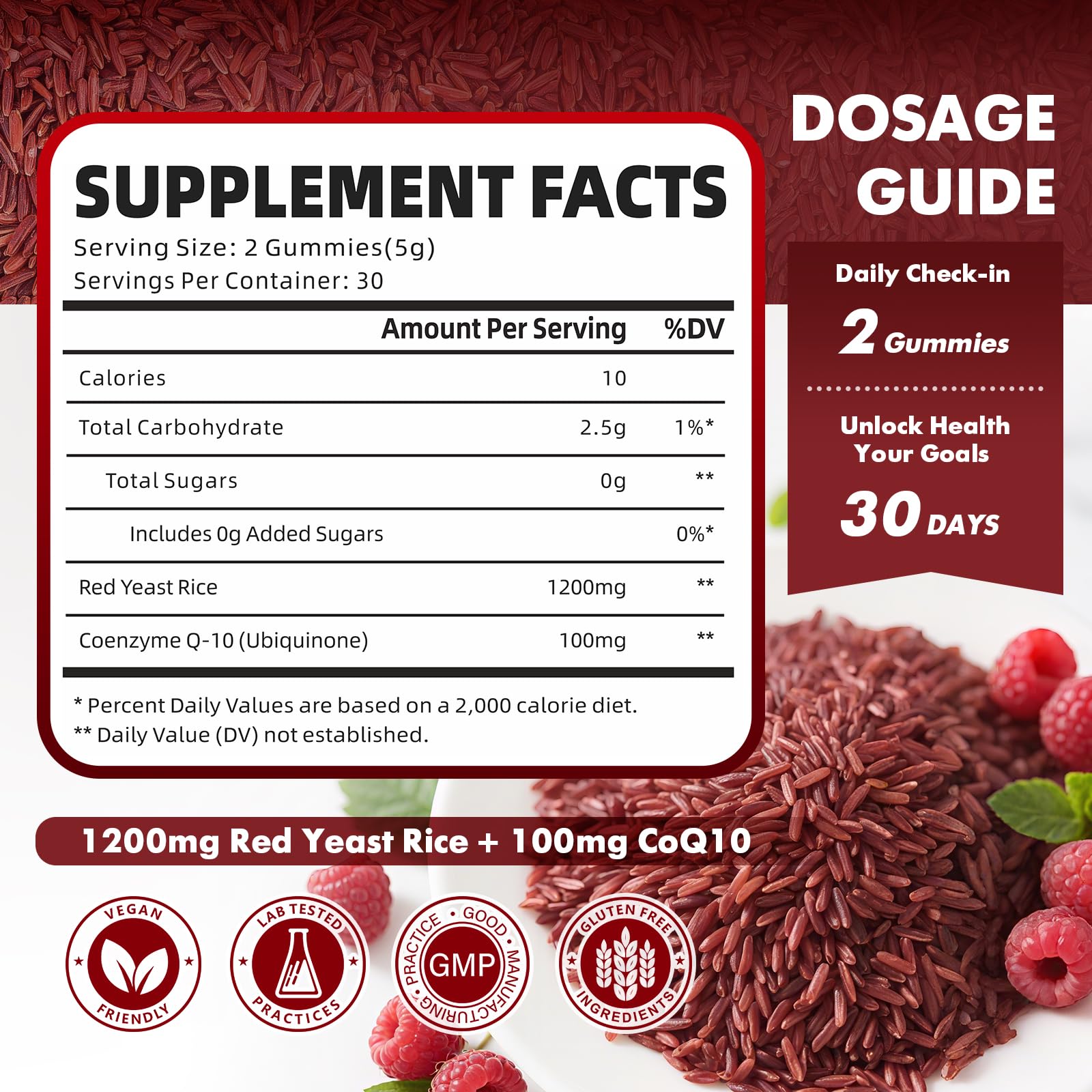 2 Pack Red Yeast Rice with Coq10 Gummies, Red Yeast Rice Supplement, Sugar Free, Raspberry Flavor, 120 Count — Amazon image 2