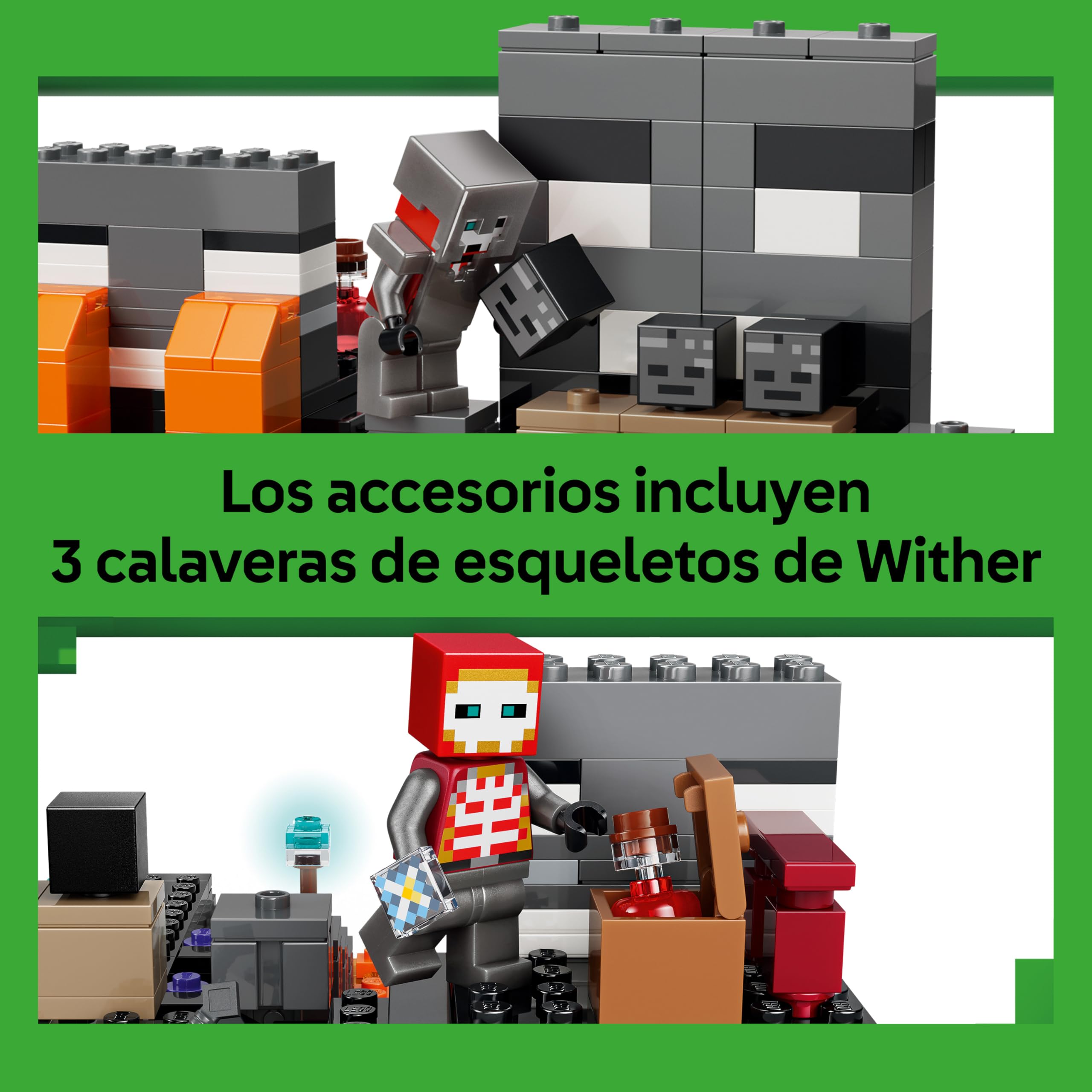 LEGO Minecraft La Batalla Contra el Wither - Juguete Interactivo con Figuras de Guerrero Carmesí, Lavagante, Cubo de Magma y 2 Esqueletos de Wither - Regalo Gamer para Niños y Niñas de 8+ Años - 21590
