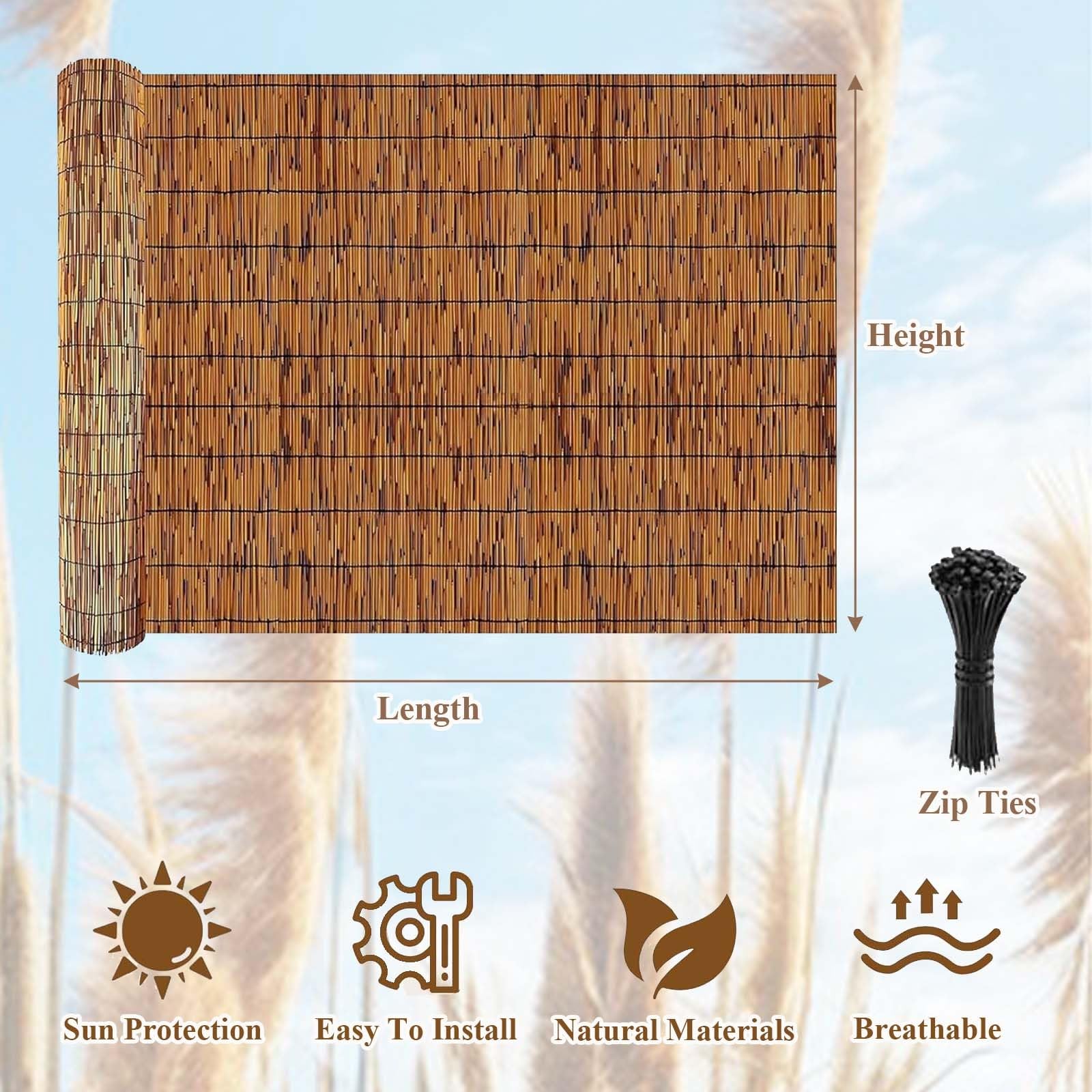 Recinzione Canne Naturali 50-160cm Di Altezza Canne Di Bambu per Esterno Canniccio,Canne Recinzione Per Giardino, Schermo Protezione Privacy Decorativo Per Piscina Terrazza Patio(Carbonized,140x500cm)