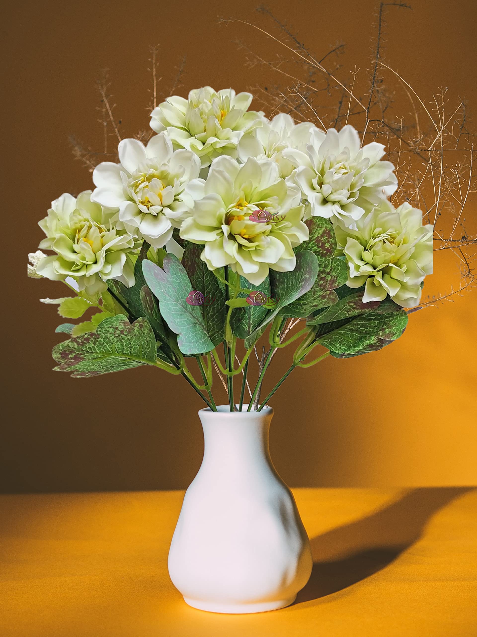 ARTSY® Artificial Flowers for Decoration Chrysanthemum Flower Bunch for vase/Pot, Home/Office Decor, Gift, Craft, Without vase, Pack of 1 Piece, 7 Branches, 35 cm Height, Green