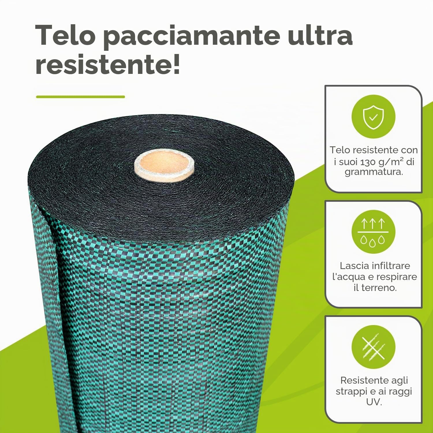 Tela per pacciamatura tessuta, 130 g/m², rotolo, geotessile anticattive erbe, ad alta resistenza, colore verde, per giardino, vialetti, colture (1,50 x 25 m)