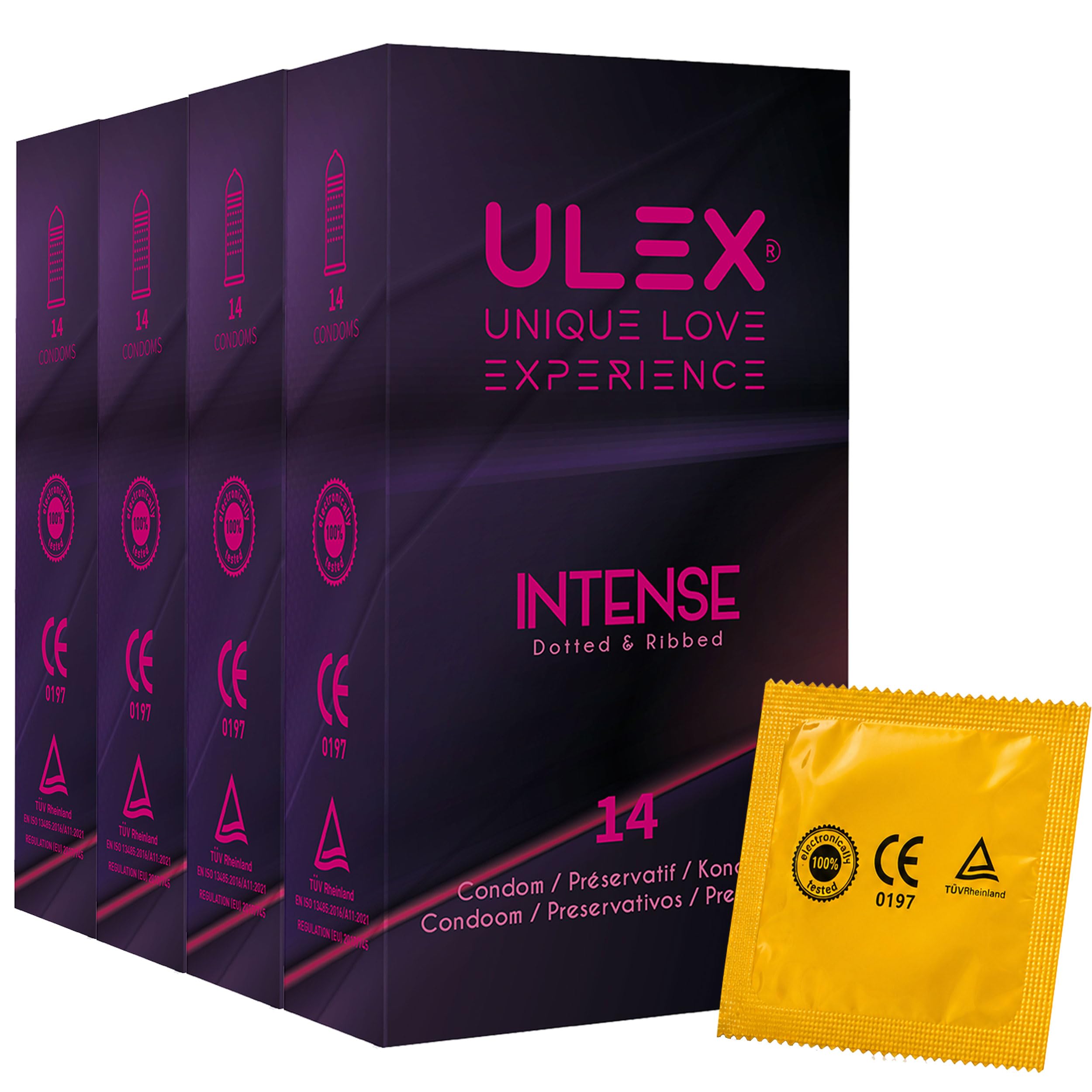 ULEX Intense - 56 Préservatifs Perlés et Nervurés Lubrifiés - Latex naturel - 52 mm