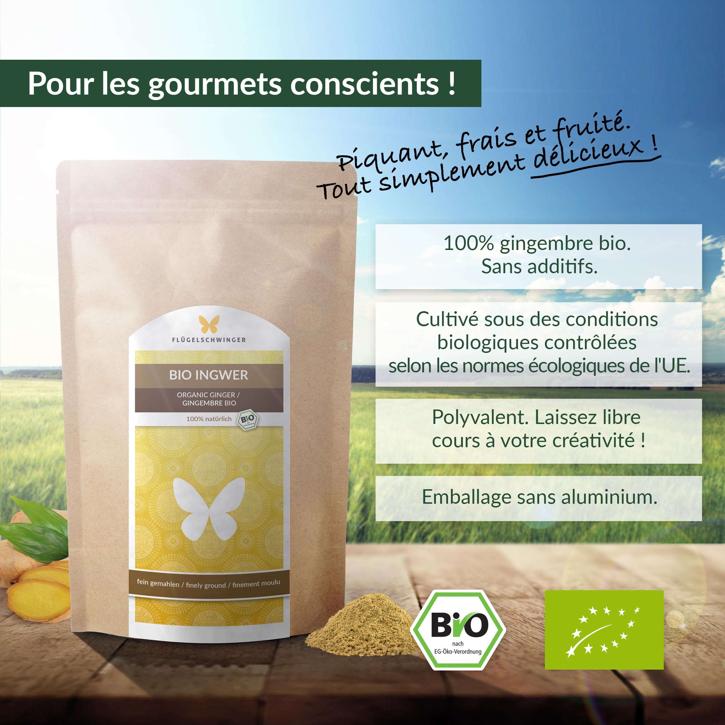 1 kg de poudre de gingembre BIO, cultivée et fabriquée selon les normes biologiques de l'UE, sans additifs, finement moulue (1000 g)