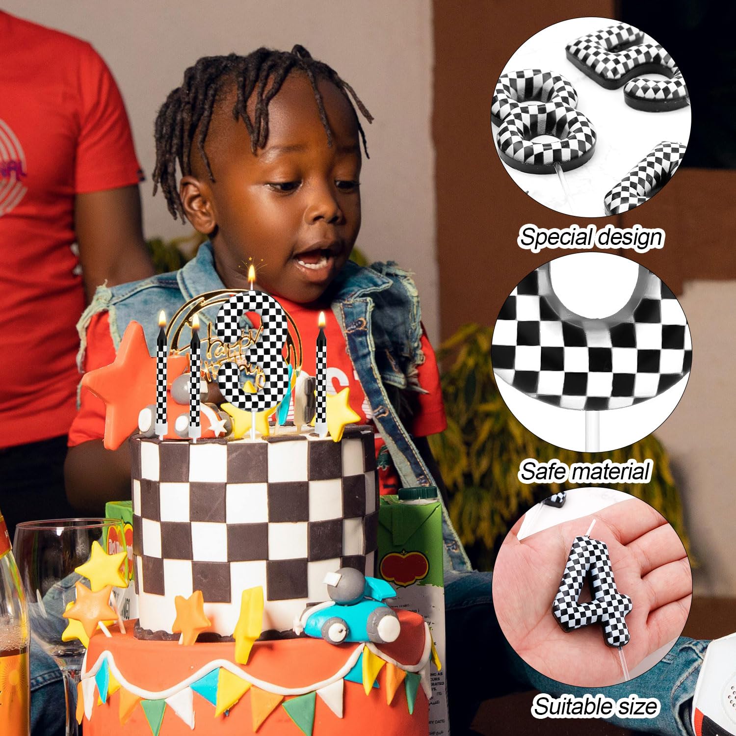 Bougies D'anniversaire Thème Voiture De Course - Lot De 12, Noir Et Blanc - Pour Gâteau, Fête, Baby Shower - 9,5 Cm - 7