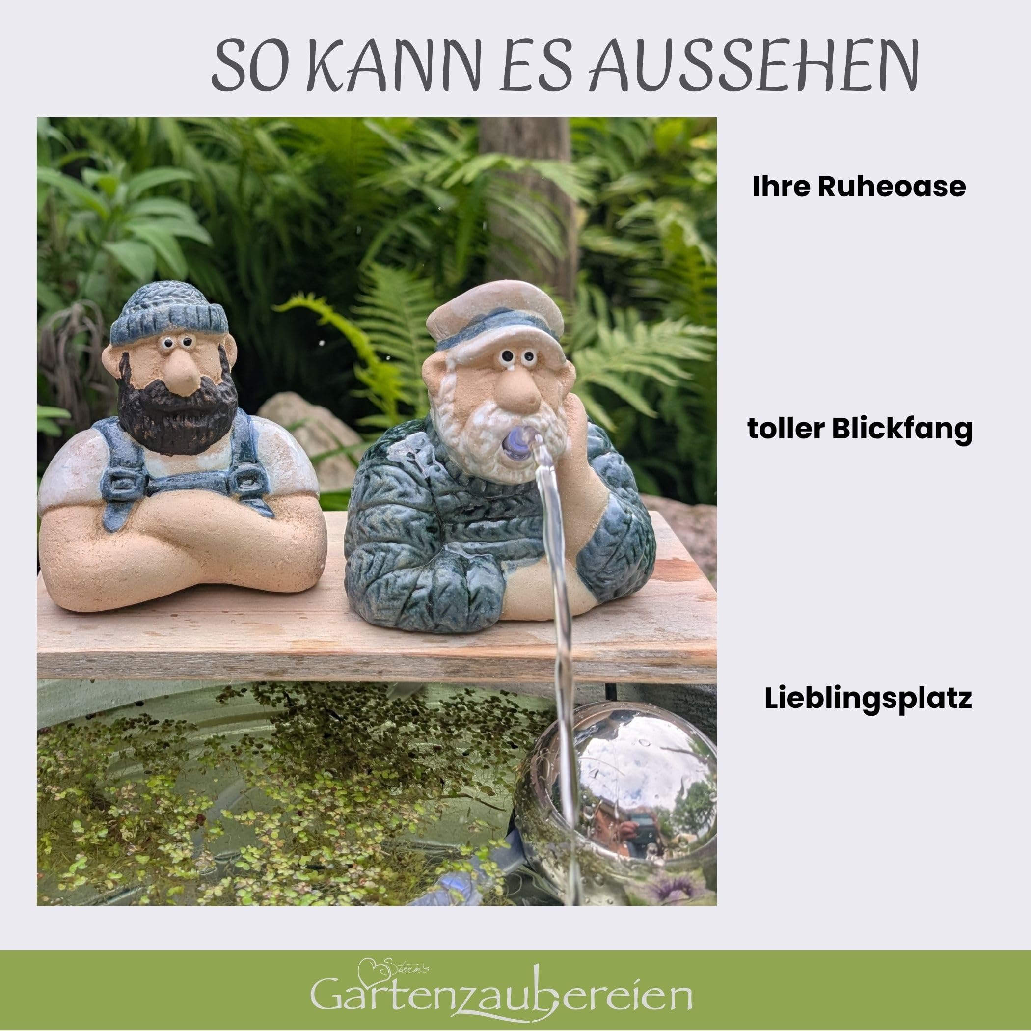Storm's Gartenzaubereien Solar Miniteich Komplett-Set mit Zinkwanne – Wasserspeier Seemann Matrosen Figuren Duo aus Keramik, Solarpumpe, 6 Silberne Schwimmkugeln und saisonale Schwimmlinsen
