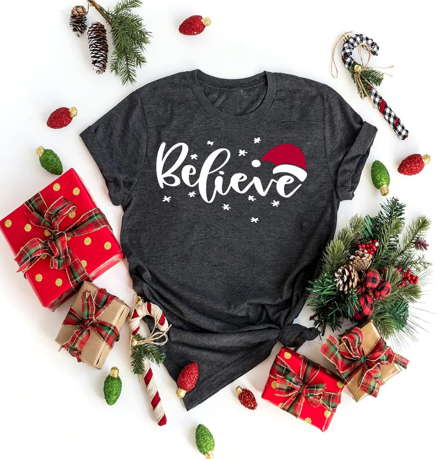 Women Christmas Believe T-Shirt Christmas Short Sleeve Shirt Graphic Print Casual Shirts Tee Tops X-Large A-grey