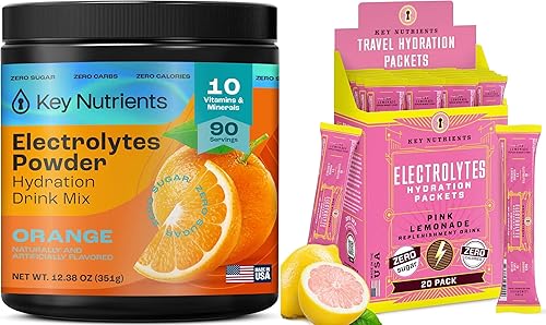 KEY NUTRIENTS Best Deal - Paquete de electrolitos en polvo sin azúcar, polvo de electrolitos naranja (90 porciones) + paquetes de electrolitos de