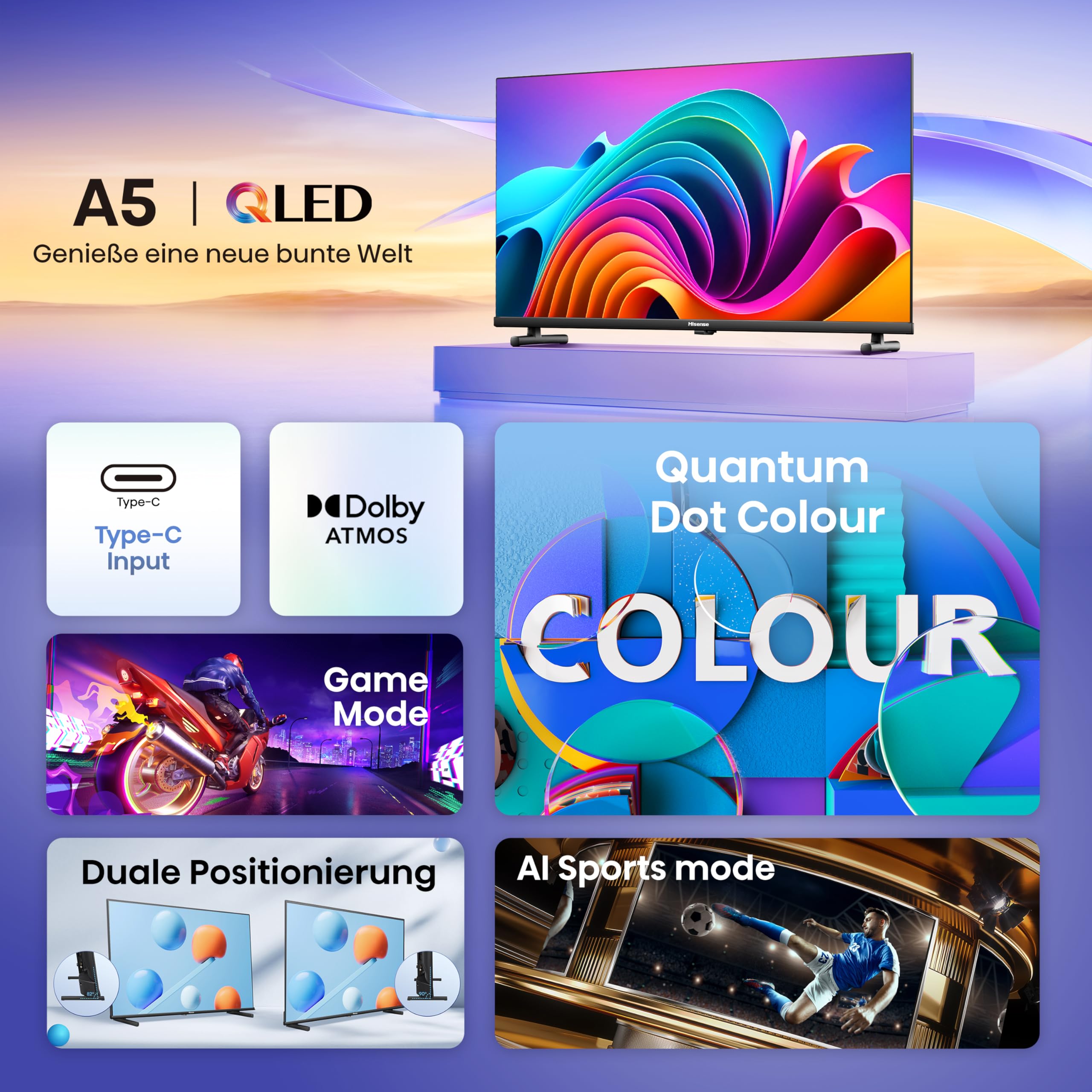 Hisense 40A5NQ 101cm (40 Zoll) QLED Fernseher Full HD, Smart TV, Triple Tuner, AI Sports Mode, Dolby Atmos, Share to TV, Duale Positionierung, WiFi, Game & Hotel Modus, Schwarz [2024]