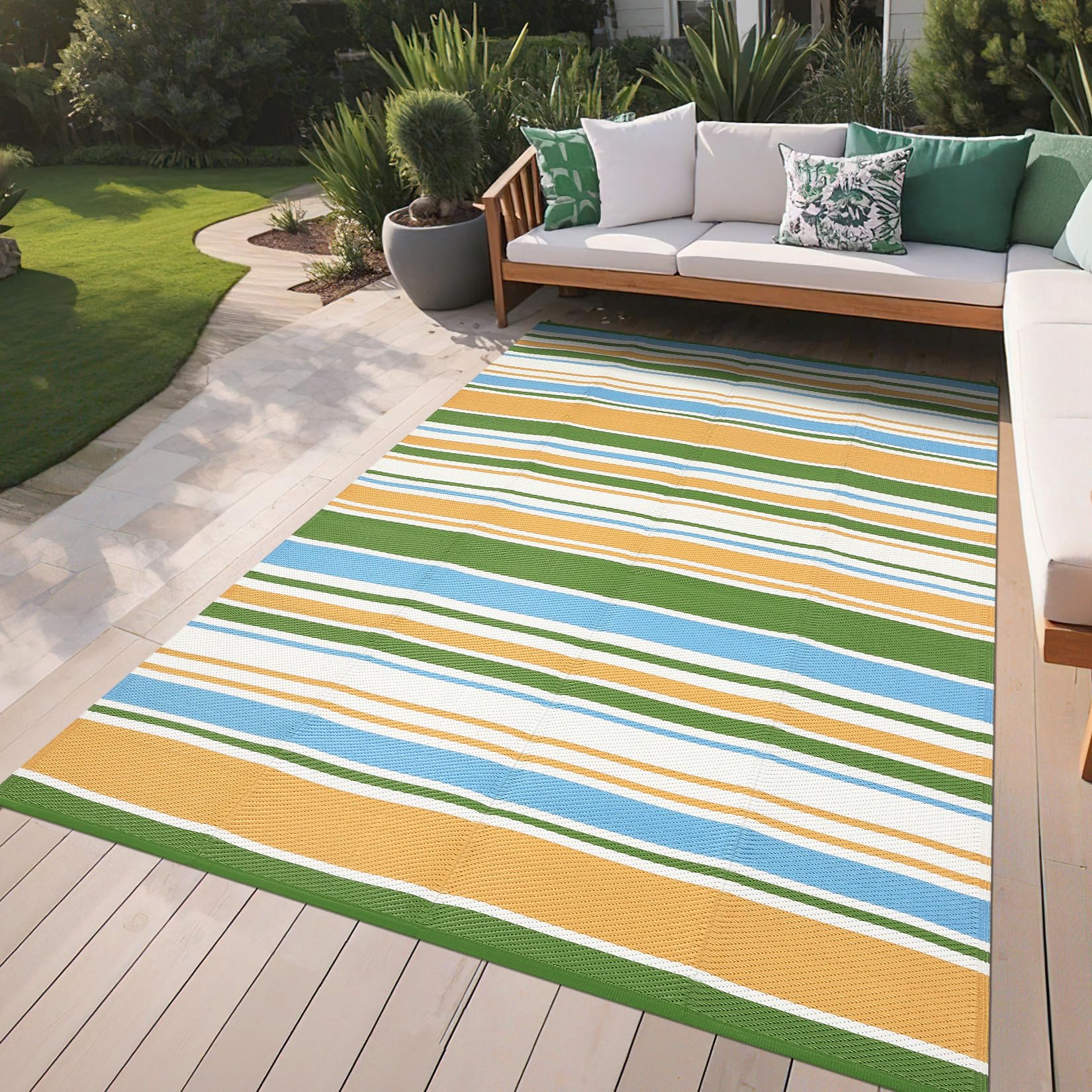 Garvee Tappeto Da Esterno in PP Intrecciato 320 Gsm - Reversibile, Impermeabile, Pieghevole e Leggero, Grande Tappeto Per Patio/Deck/Balcone/RV/Campeggio, Giallo/Blu/Verde/Bianco