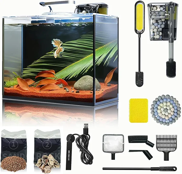 3 Gallon Small Aquarium Set Glass Fish Tank, Starter Kit with Heater Self Cleaning System Filter Bright Light Rocks Gravel Cleaning Tool, Leak-Proof Clear Rimless Desktop Spaces Saving Betta