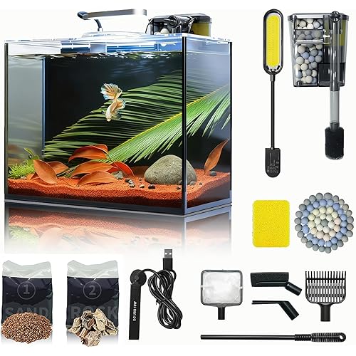 3 Gallon Small Aquarium Set Glass Fish Tank, Starter Kit with Heater Self Cleaning System Filter Bright Light Rocks Gravel Cleaning Tool, Leak-Proof Clear Rimless Desktop Spaces Saving Betta
