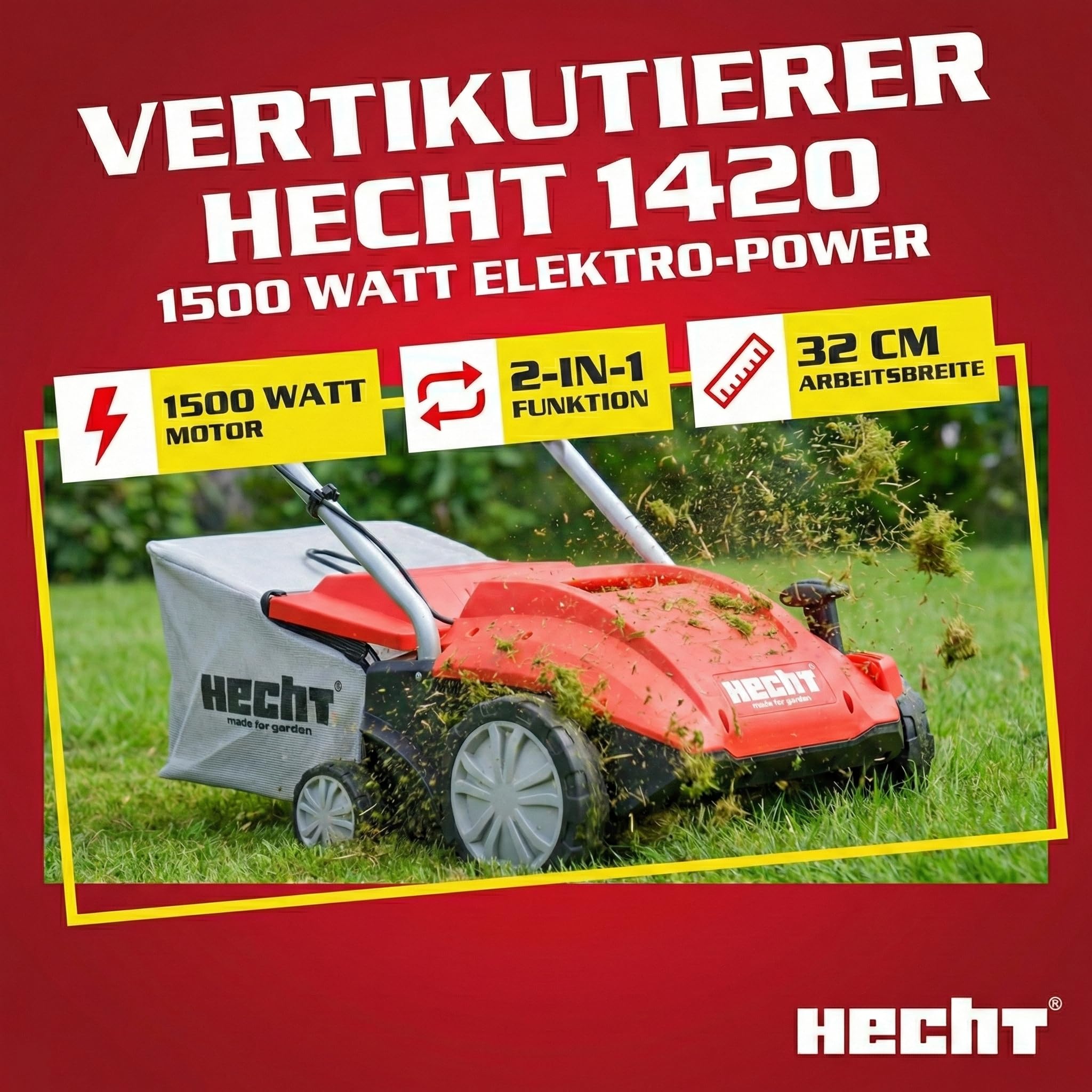 HECHT brandneuer 2 in 1 elektro Vertikutierer - Vertikutierer Elektro für einen schönen grünen saftigen Rasen – Starke 1500 Watt mit Lüfter- und Messerwalze - großzügiger 35l Auffangsack – elektrisch