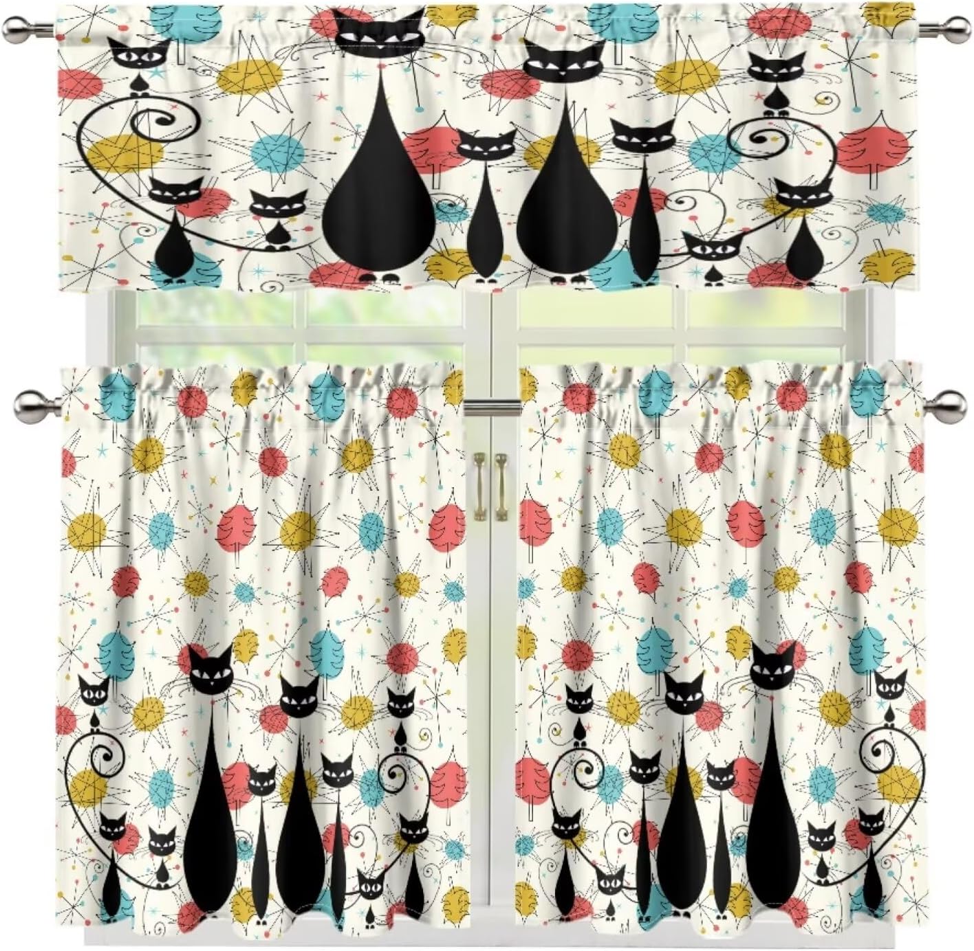 Mystic Cat Valance Curtains for Living Room, Boho Magic Constellation Decor Pattern Windows Treatments, Rod Pocket Drapes for Bedroom Kitchen, 54x18in 1P/27x36in 2P