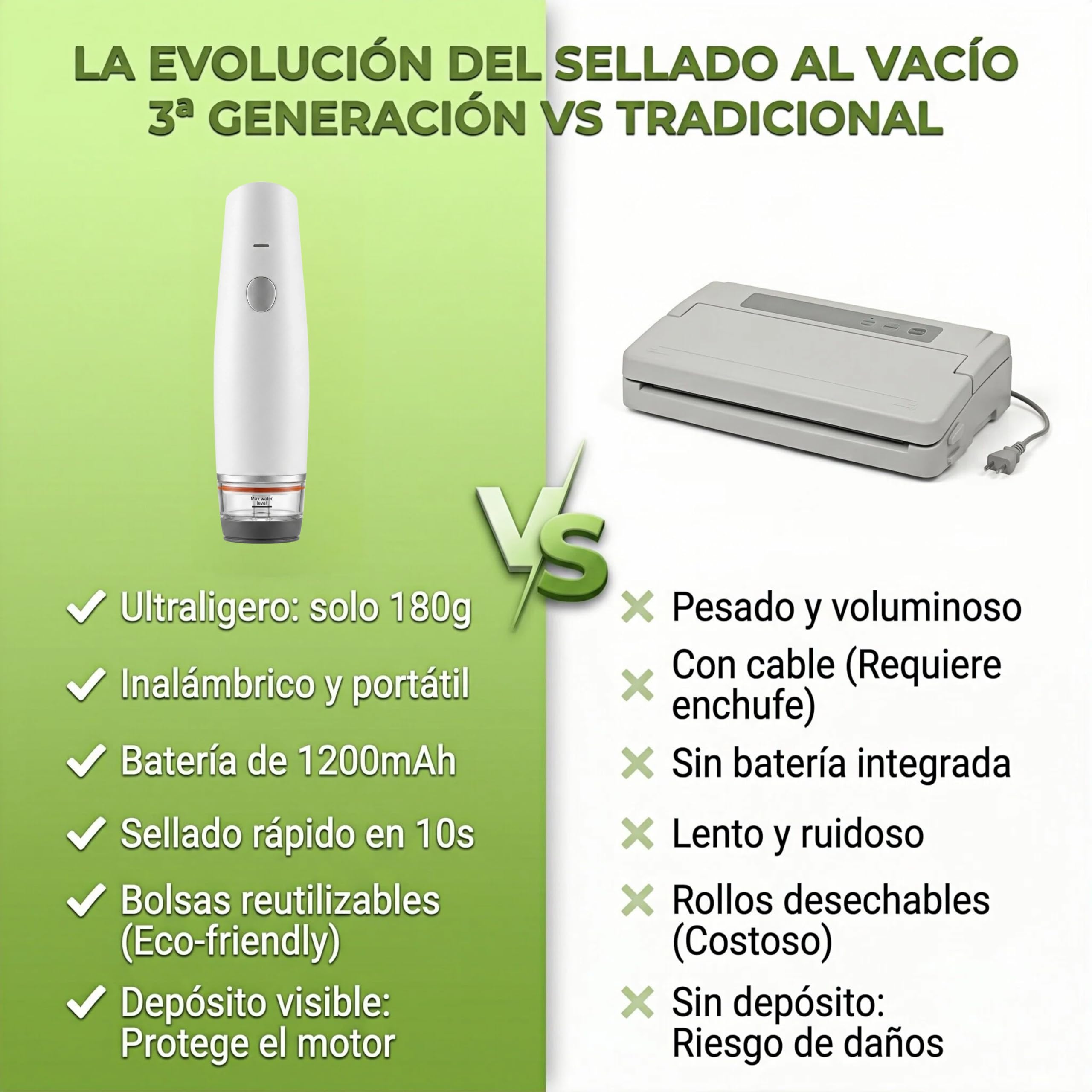 Envasadora al Vacío de Mano Inalámbrica USB-C con Depósito Visible