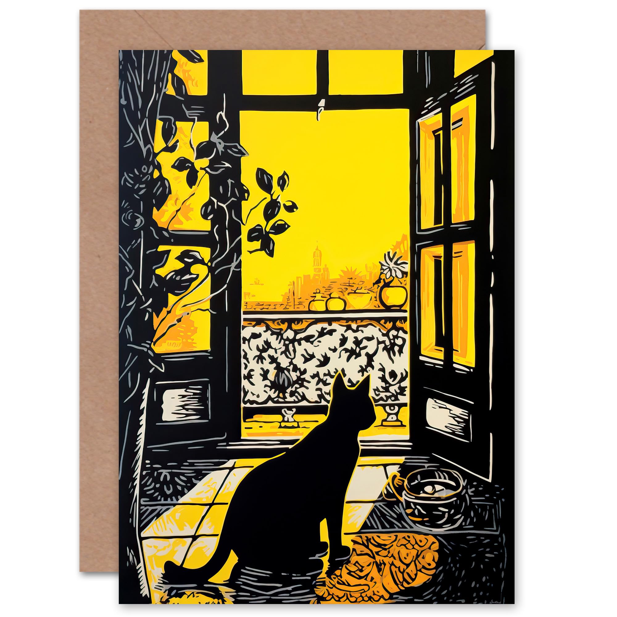 Artery8 Black Cat Sunbathing Balcony for Him or Her Man Woman Birthday Thank You Congratulations Blank Art Greeting Card